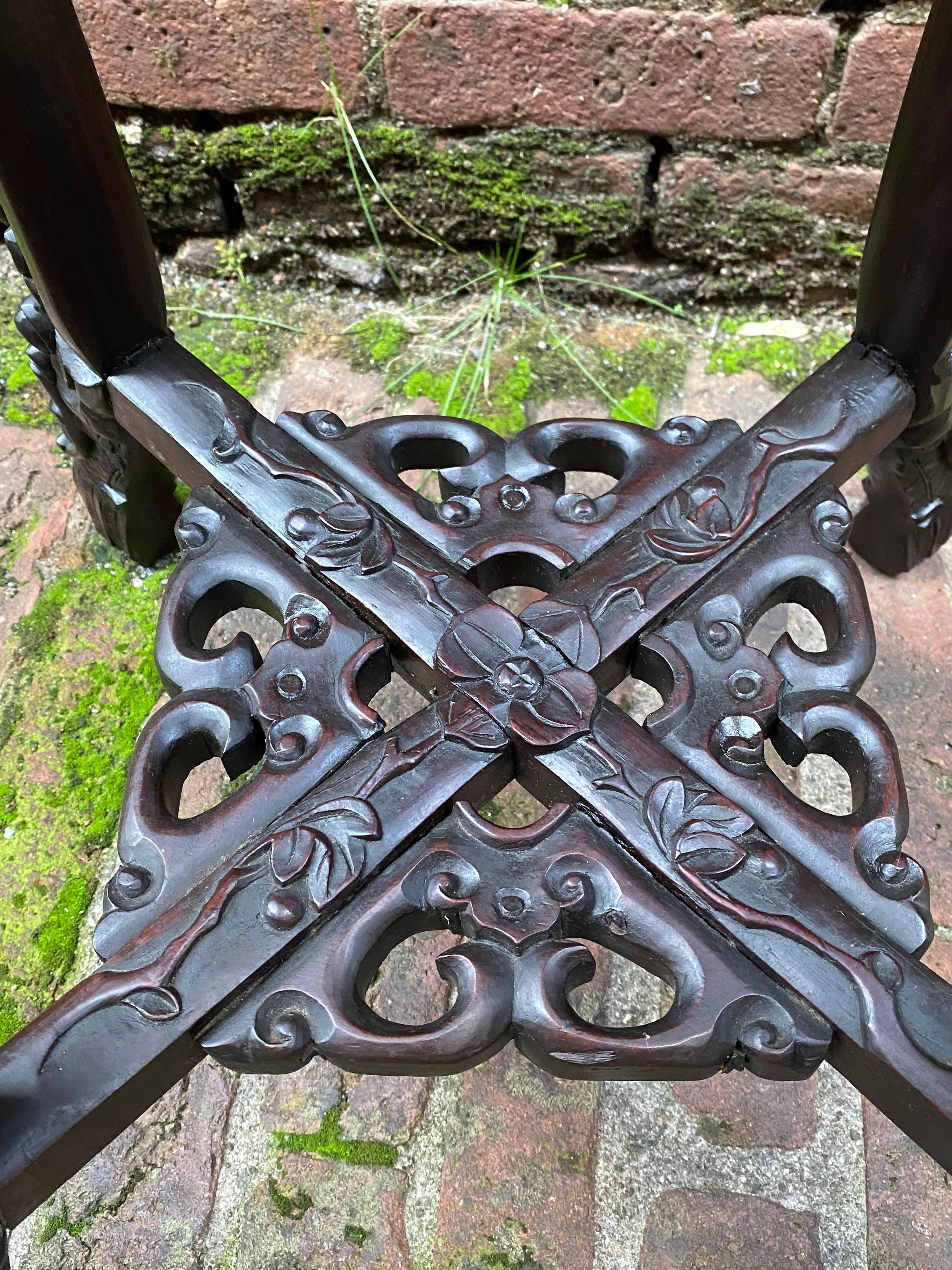 Carved Chinese Rosewood and Pink Marble Stand 4