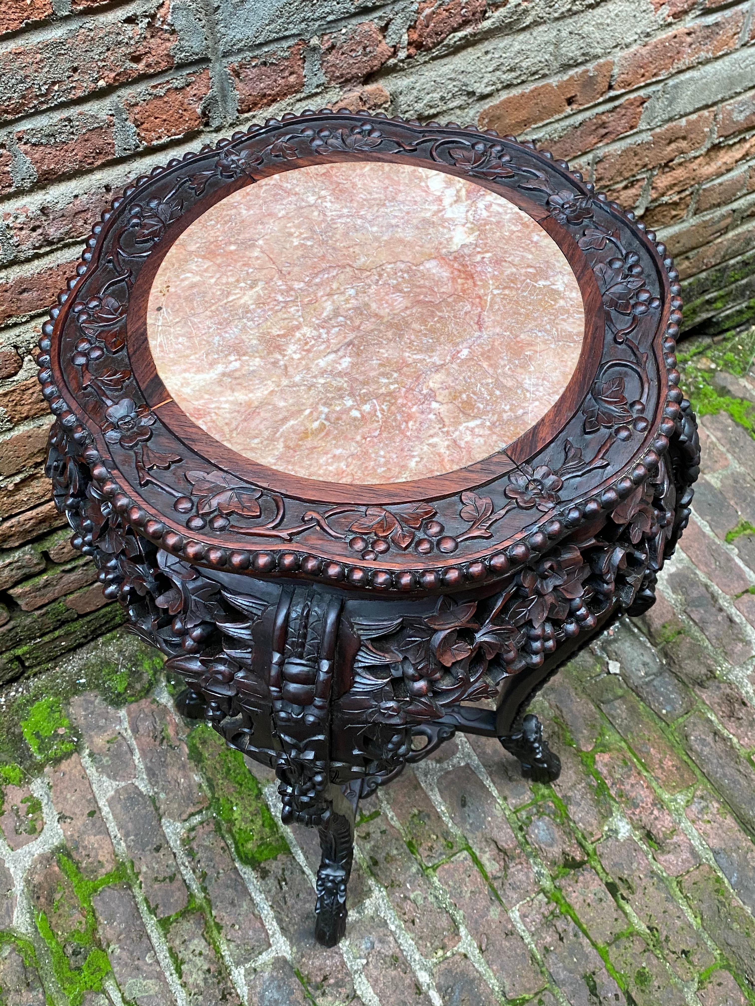 Carved Chinese Rosewood and Pink Marble Stand 1