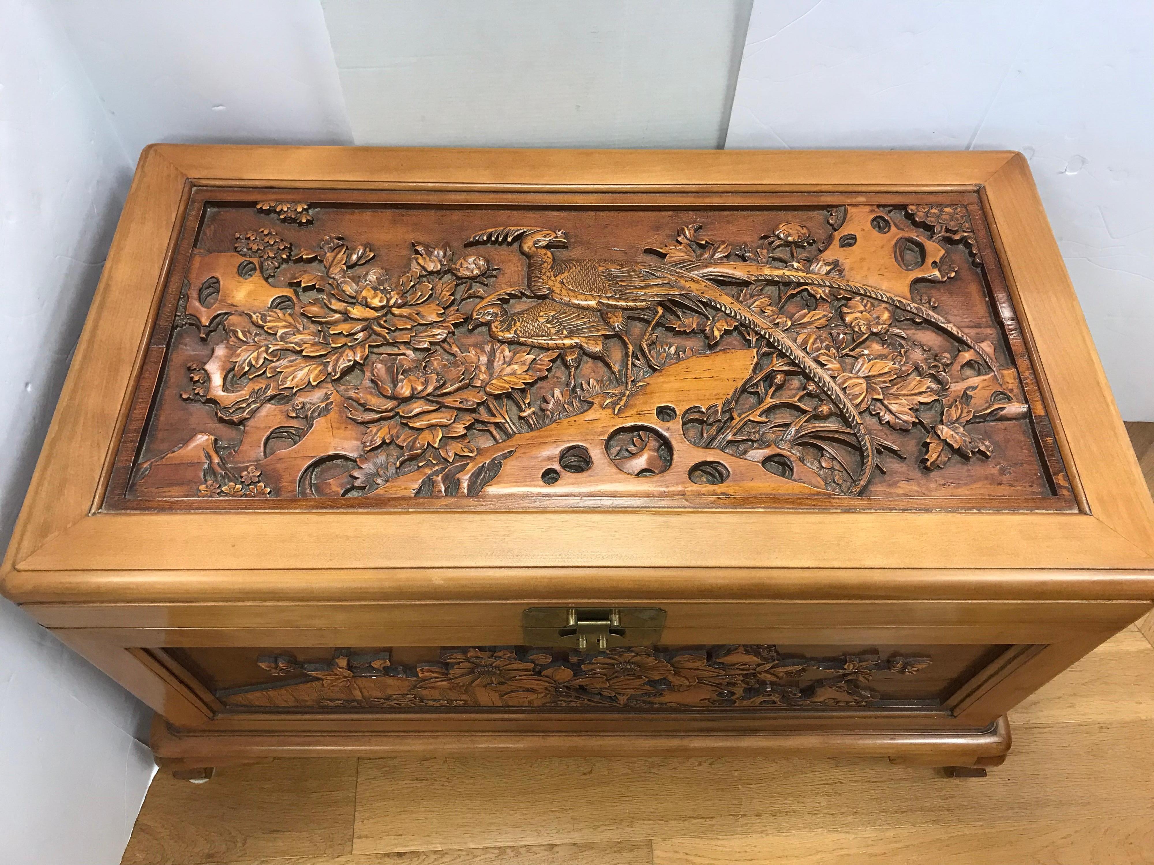Carved Chinese Trunk Box In Excellent Condition In West Hartford, CT