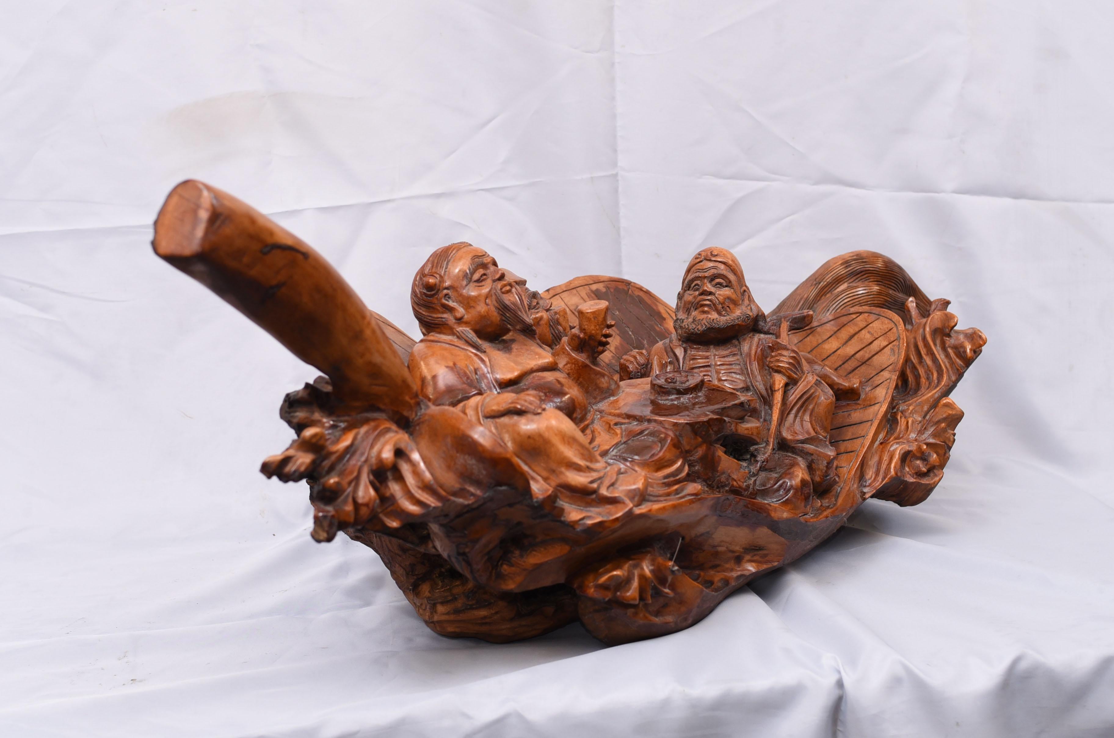 Carved Chinese Wise Men Statue Circa 1900, Hardwood Boat Figurine 5