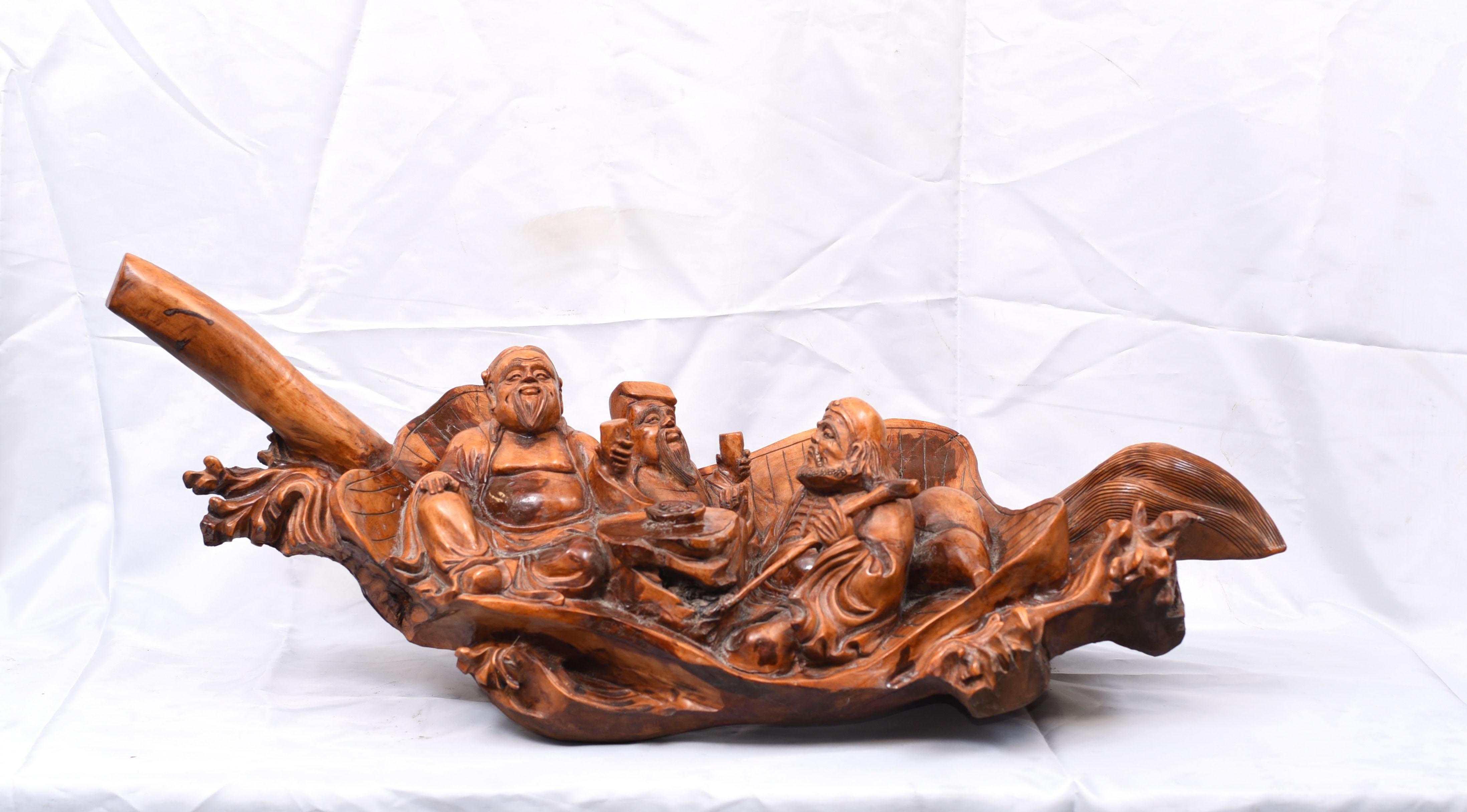 Carved Chinese Wise Men Statue Circa 1900, Hardwood Boat Figurine 6