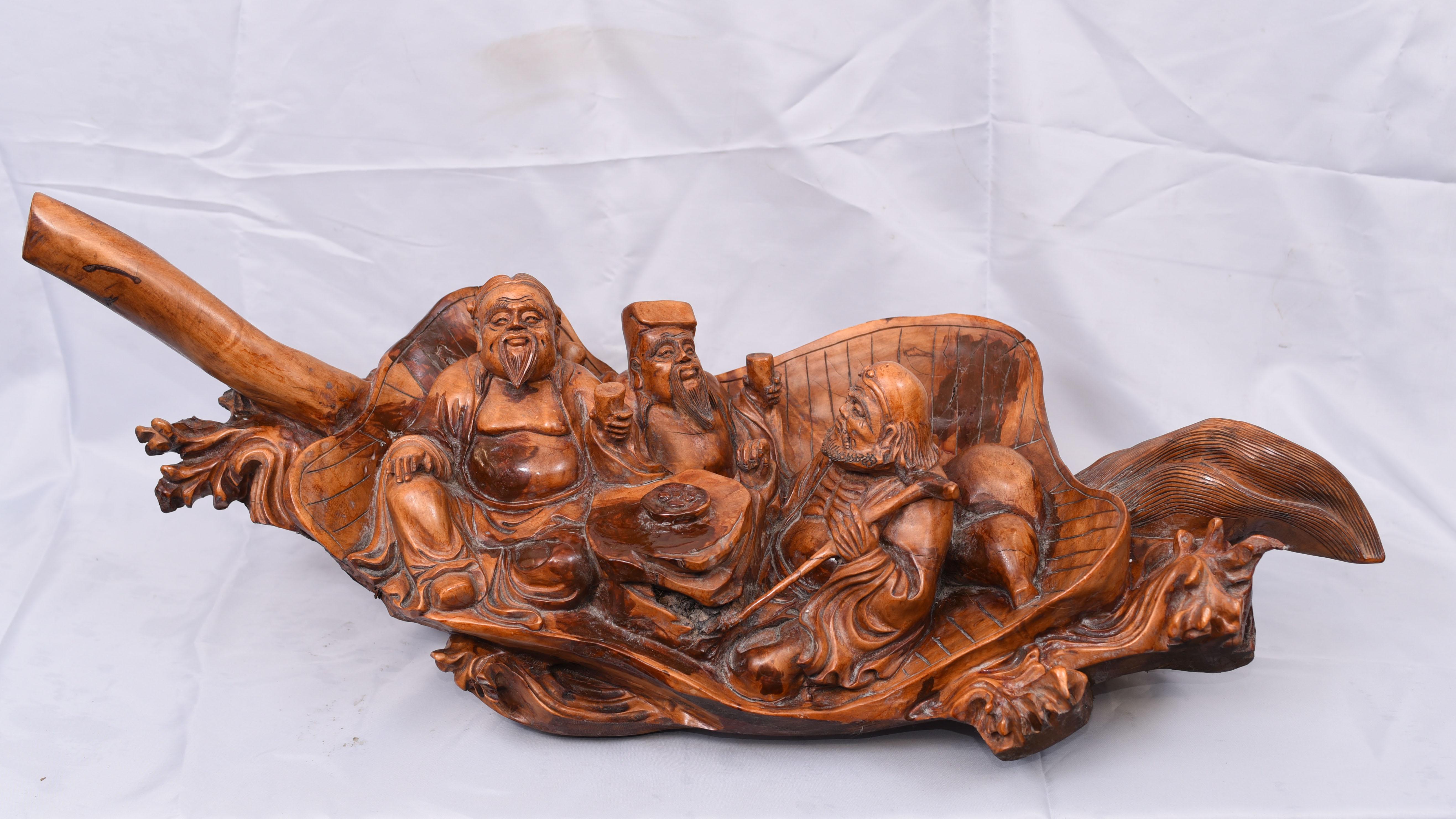 - Wonderful hand carved antique wise men statue.
- Circa 1900 on this piece showing three men carved from hardwood sitting in a leaf / boat.
- Great collectors piece and we are expecting a lot of interest.
- Viewings available by appointment