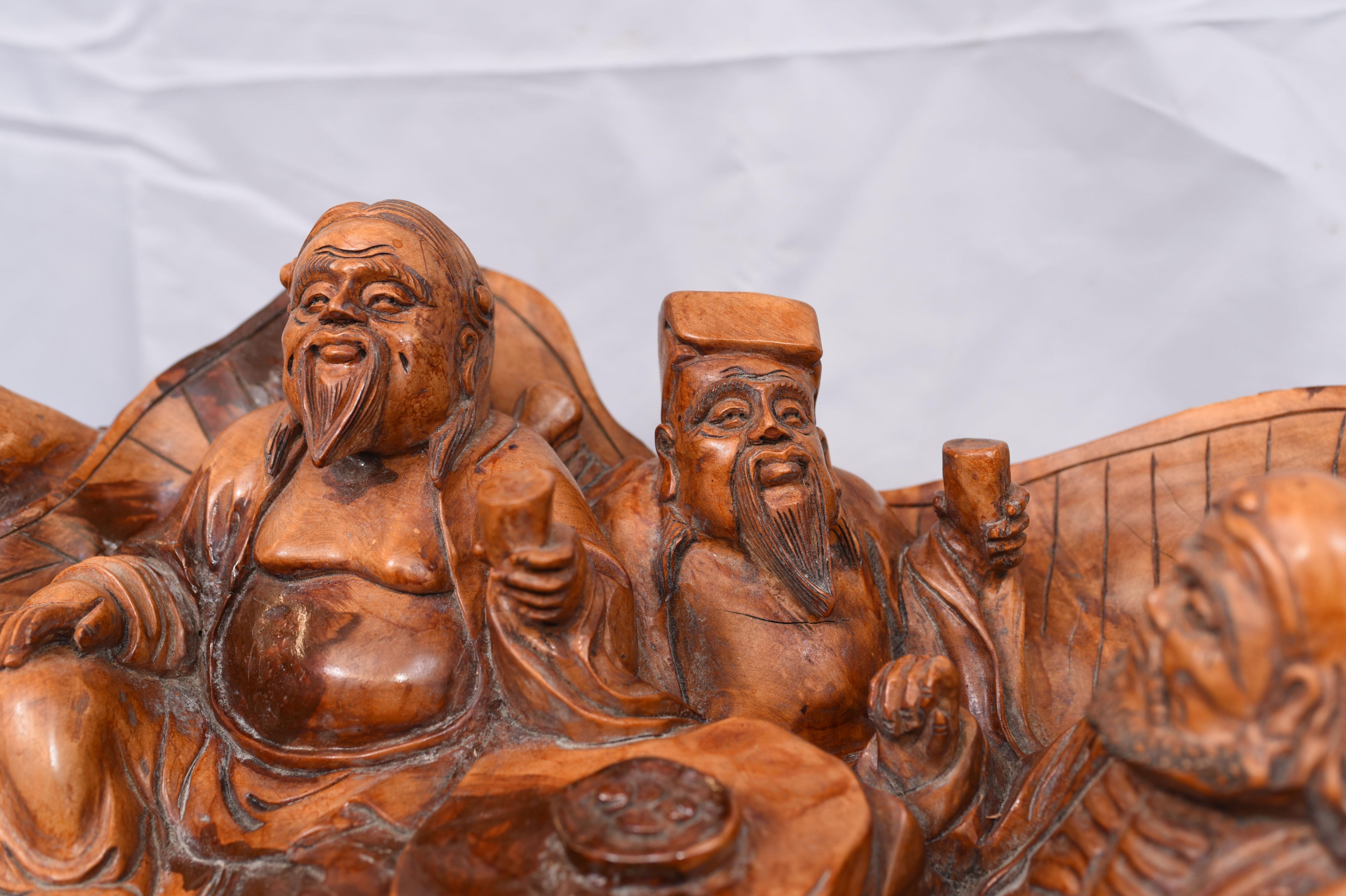 Carved Chinese Wise Men Statue Circa 1900, Hardwood Boat Figurine In Good Condition In Potters Bar, GB