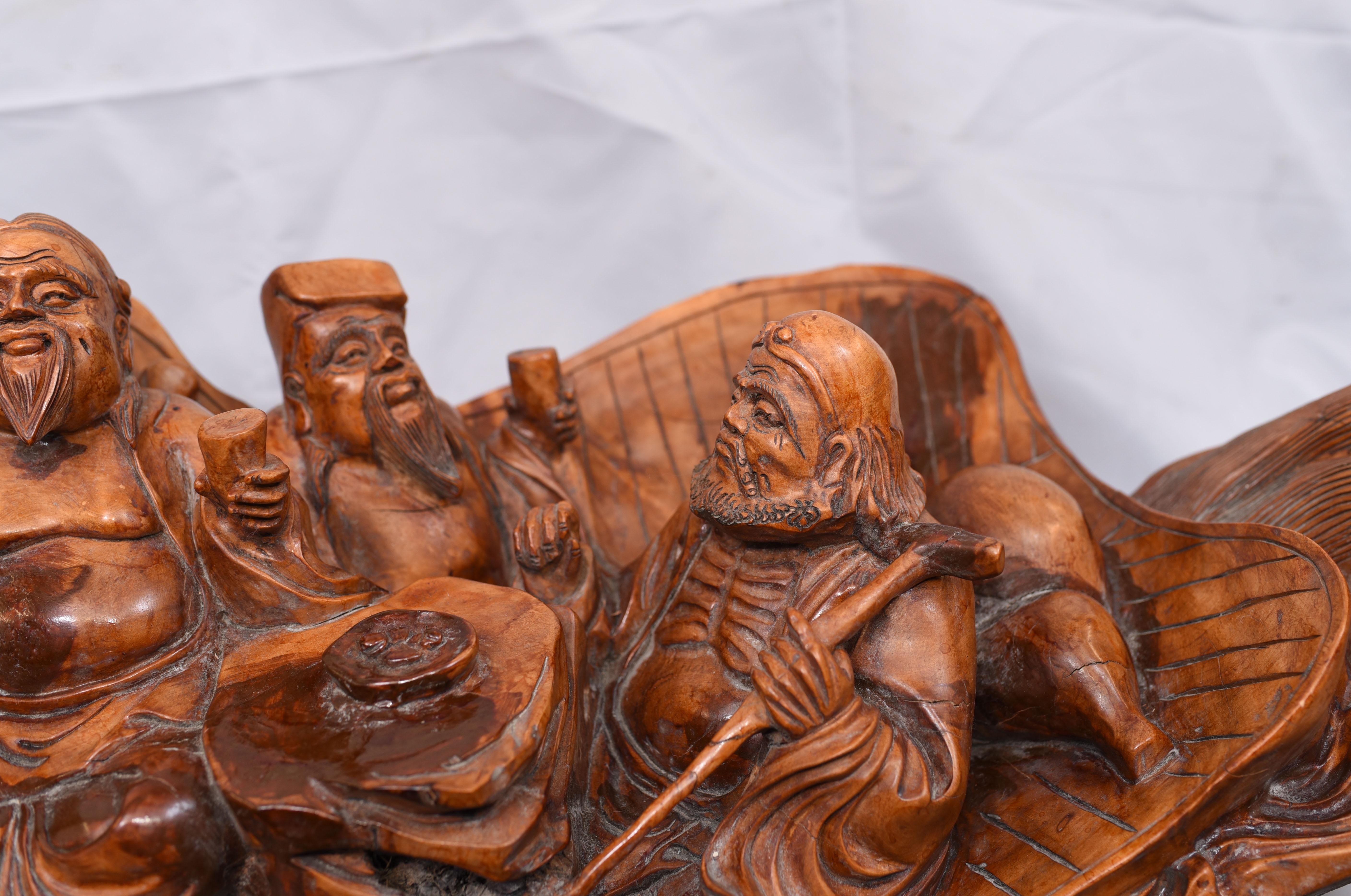 Early 20th Century Carved Chinese Wise Men Statue Circa 1900, Hardwood Boat Figurine