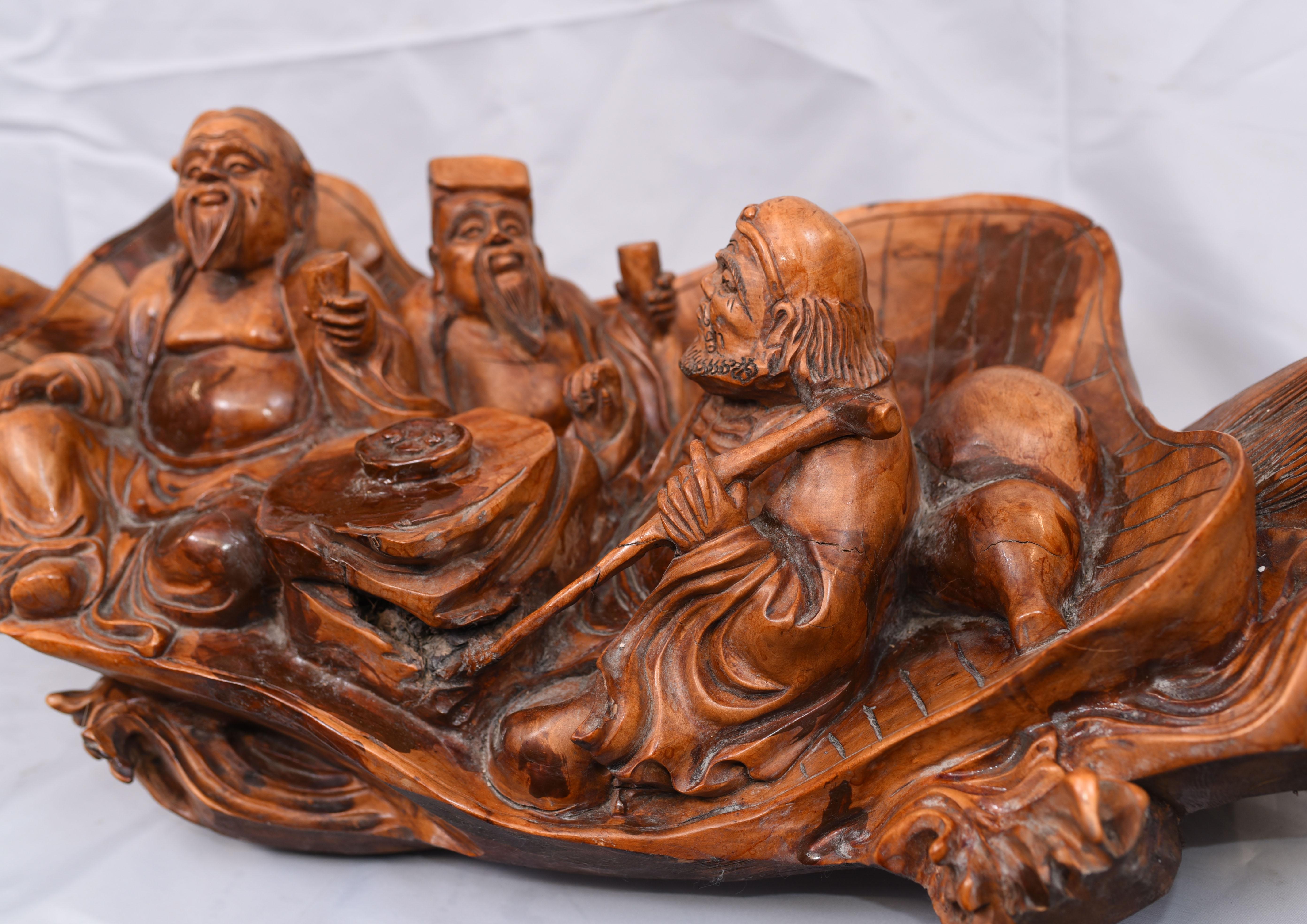 Carved Chinese Wise Men Statue Circa 1900, Hardwood Boat Figurine 1