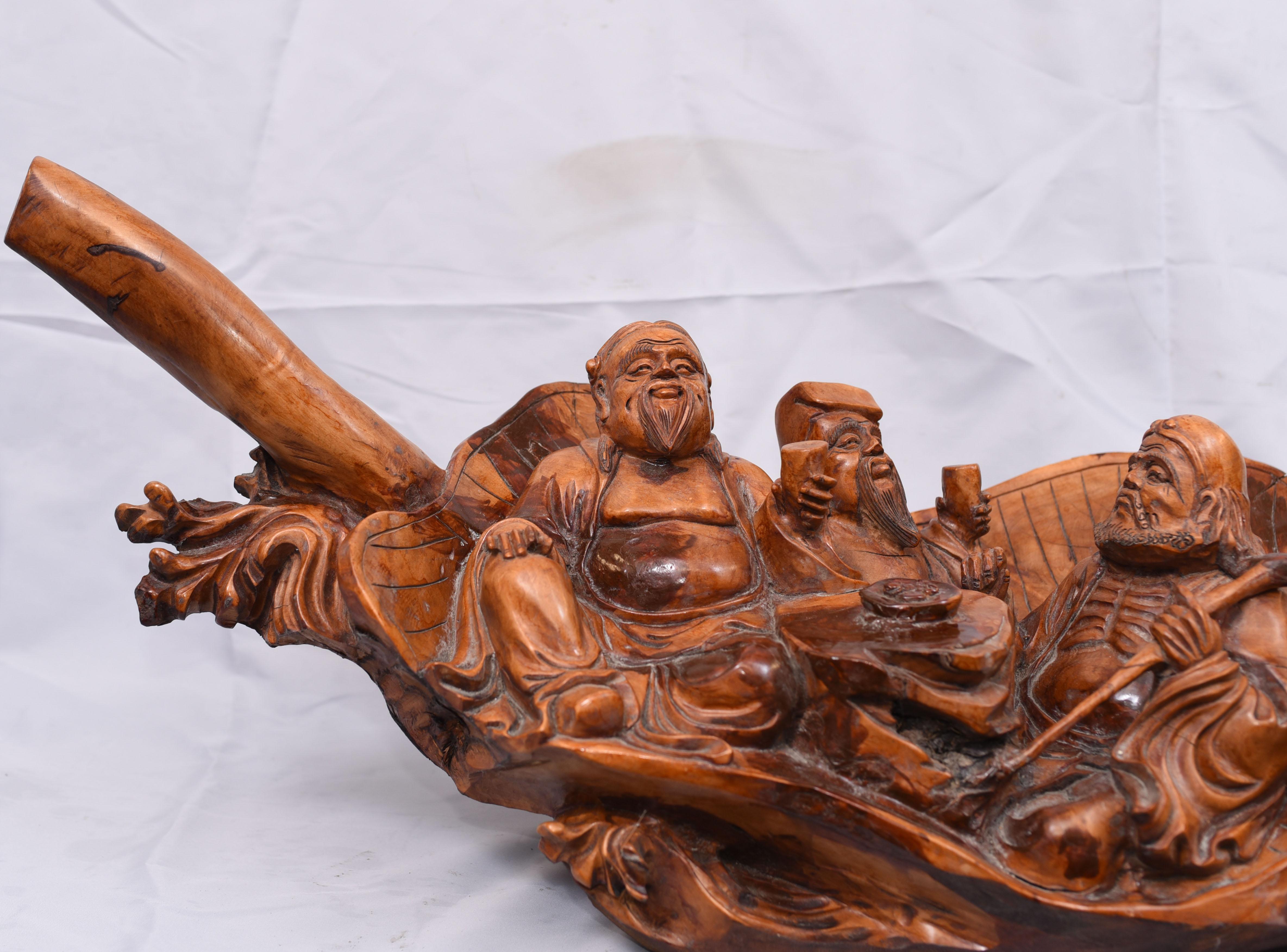 Carved Chinese Wise Men Statue Circa 1900, Hardwood Boat Figurine 2