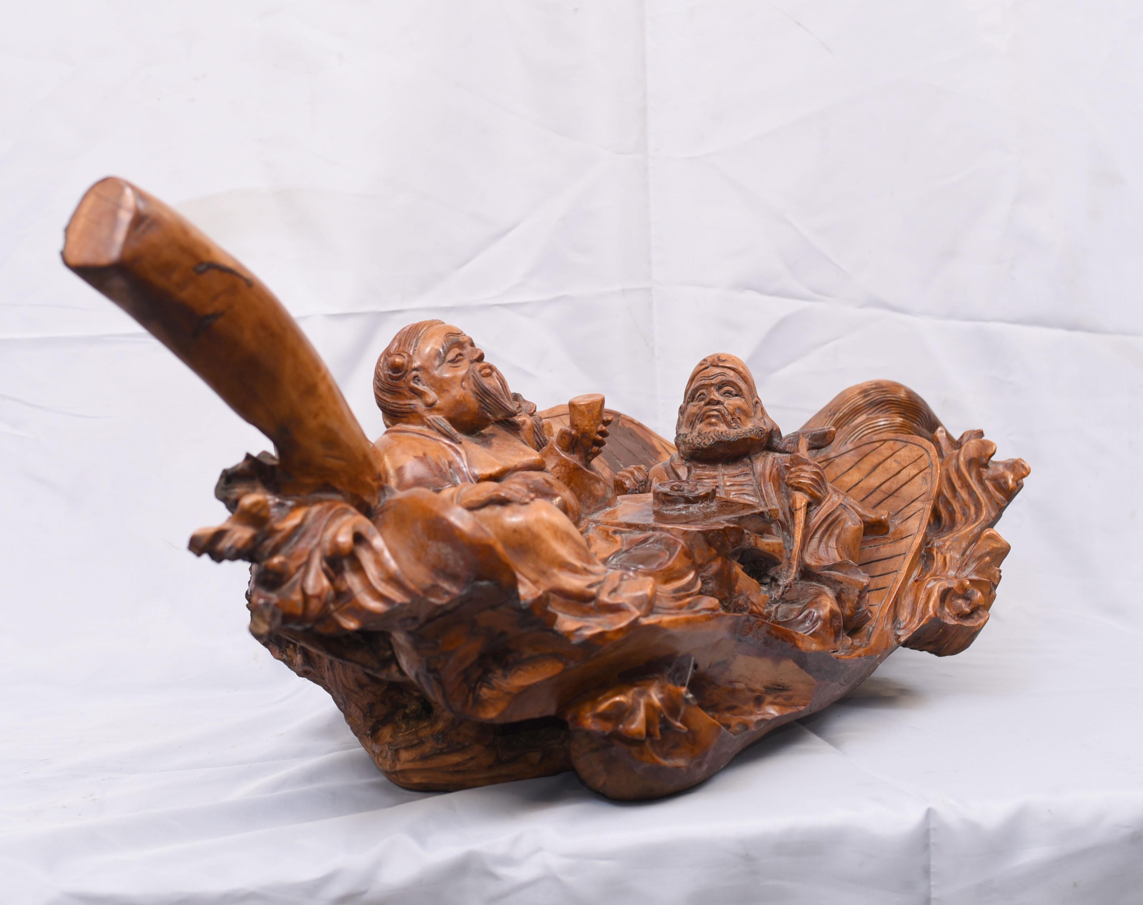 Carved Chinese Wise Men Statue Circa 1900, Hardwood Boat Figurine 3