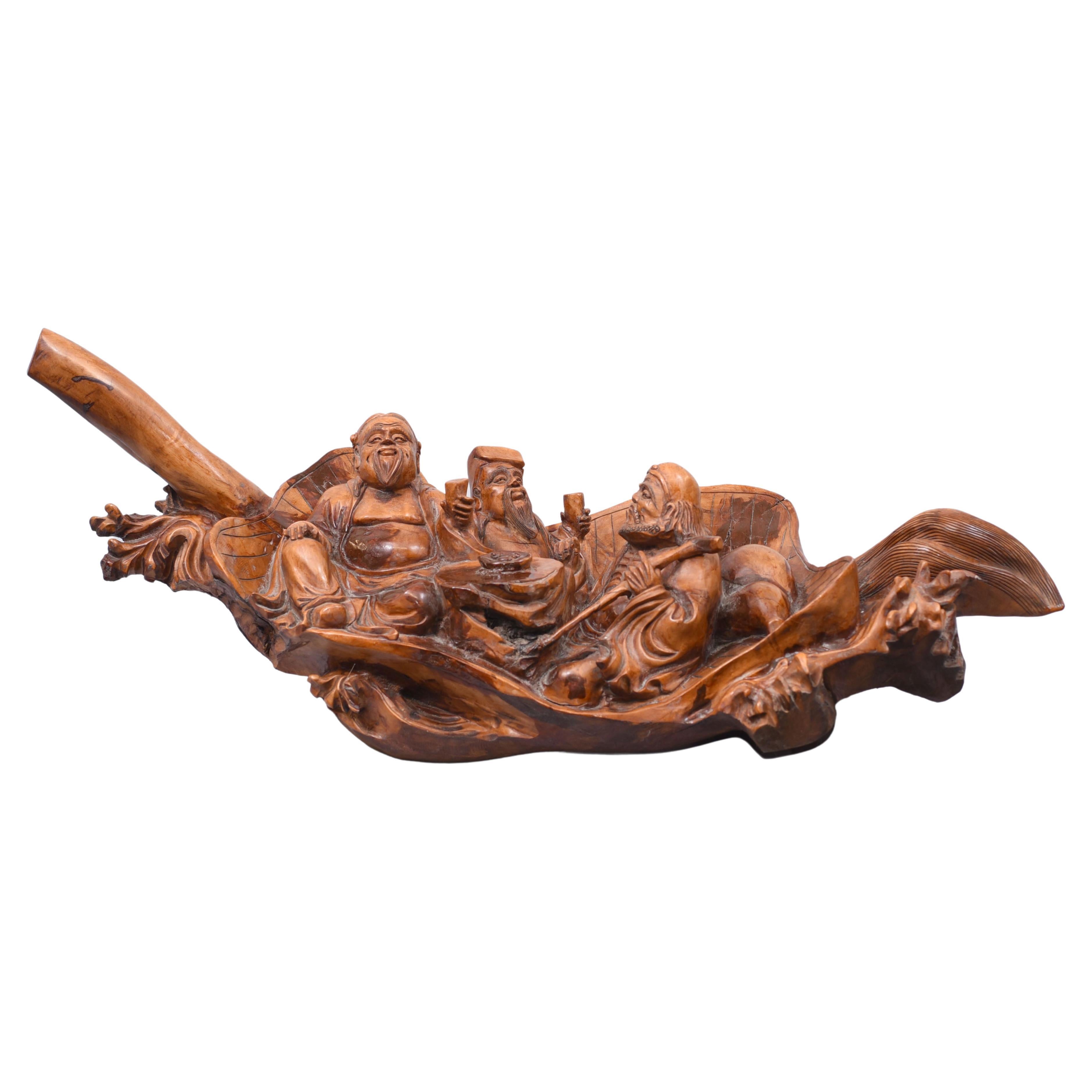 Carved Chinese Wise Men Statue Circa 1900, Hardwood Boat Figurine