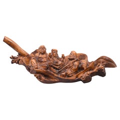 Antique Carved Chinese Wise Men Statue Circa 1900, Hardwood Boat Figurine