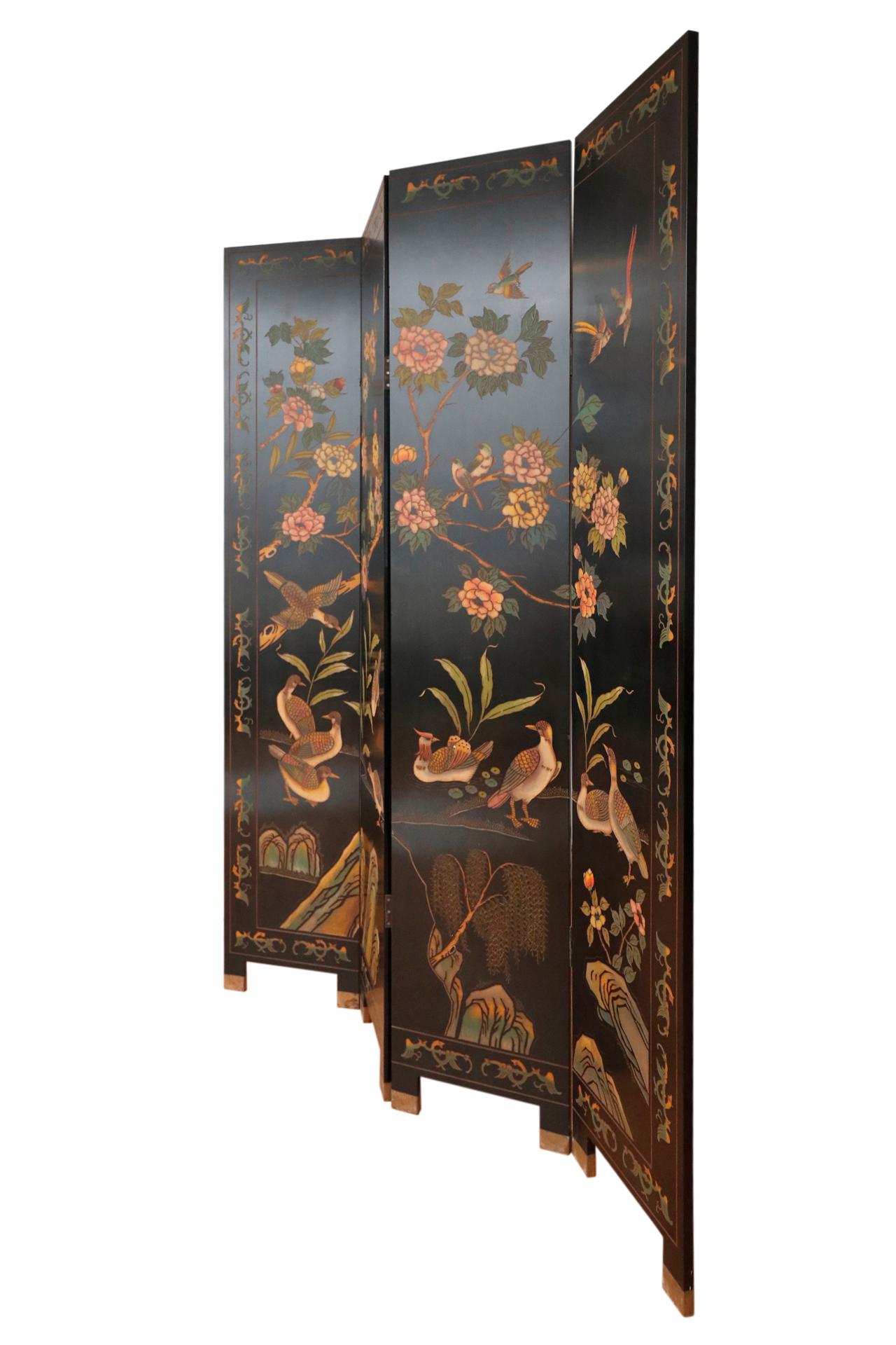 Carved Chinoiserie Four Panel Screen Room Divider In Good Condition In Bradenton, FL