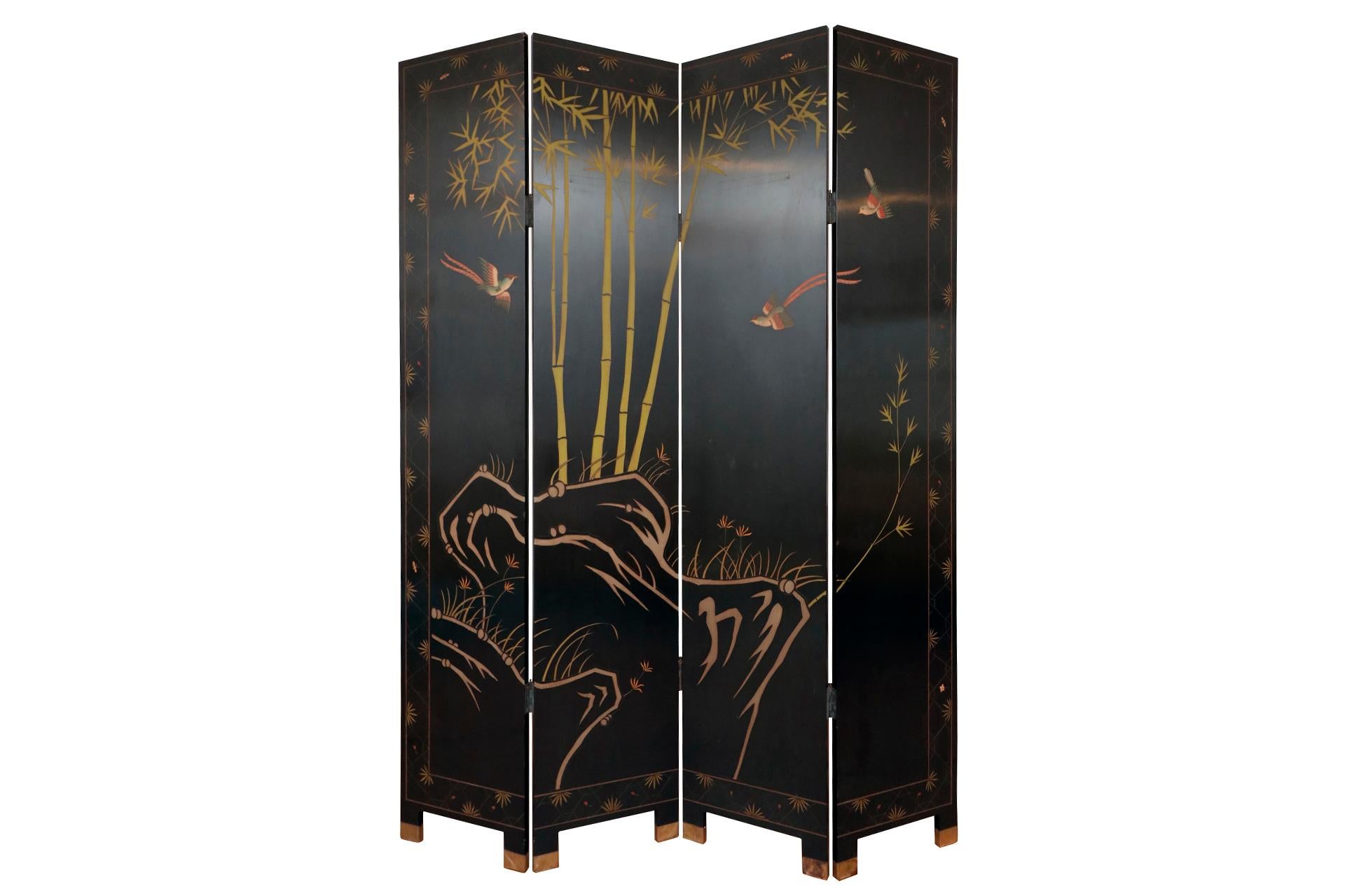 Wood Carved Chinoiserie Four Panel Screen Room Divider