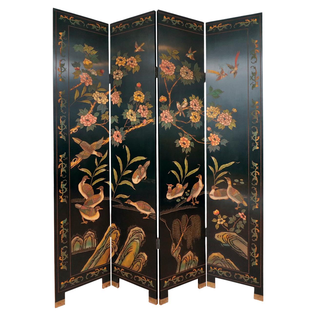 Carved Chinoiserie Four Panel Screen Room Divider