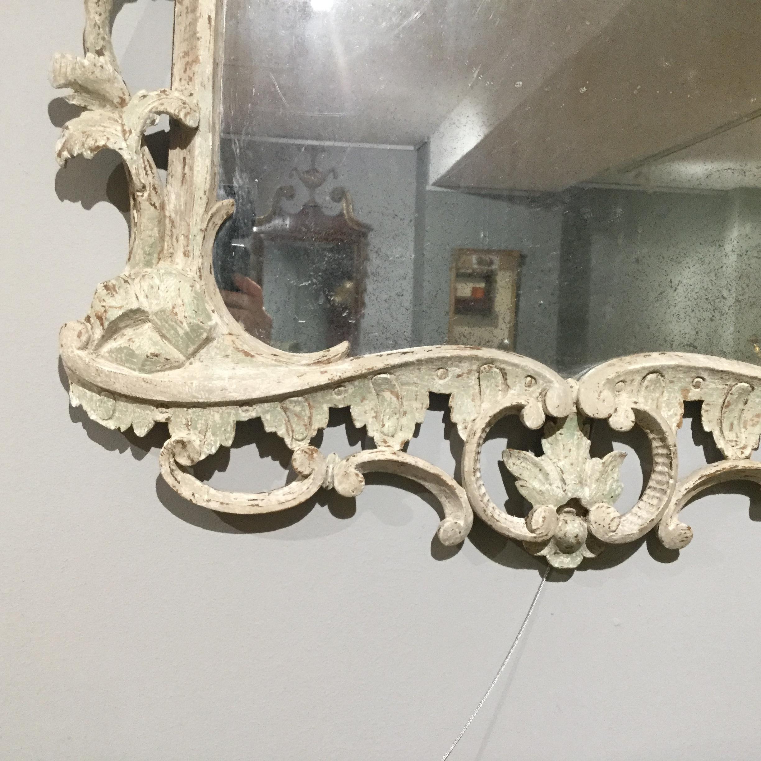 English Carved Chippendale Period White Painted Mirror with the Original Plate For Sale
