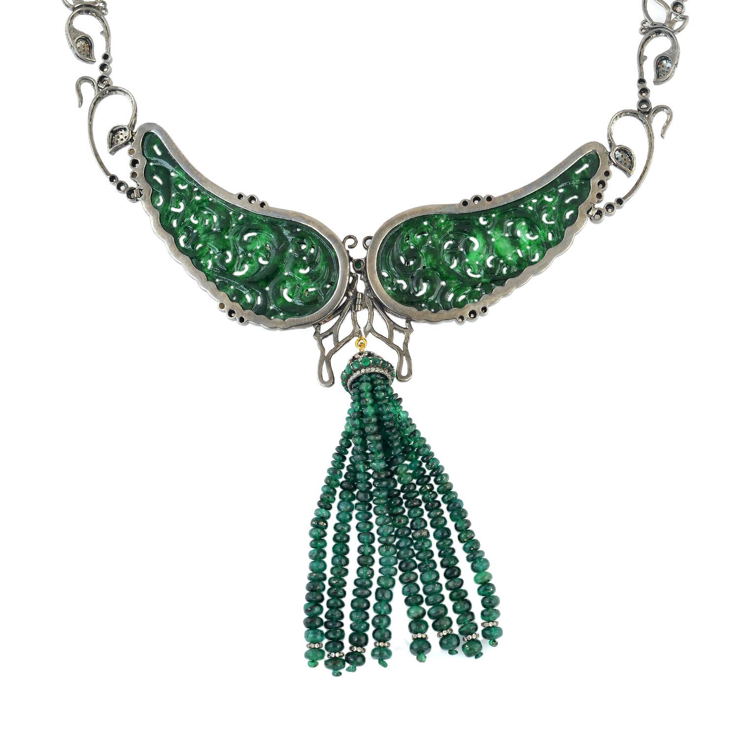 Modern Choker Silver Necklace With Carved Jade & Emerald Stones in Pave Set Diamonds For Sale