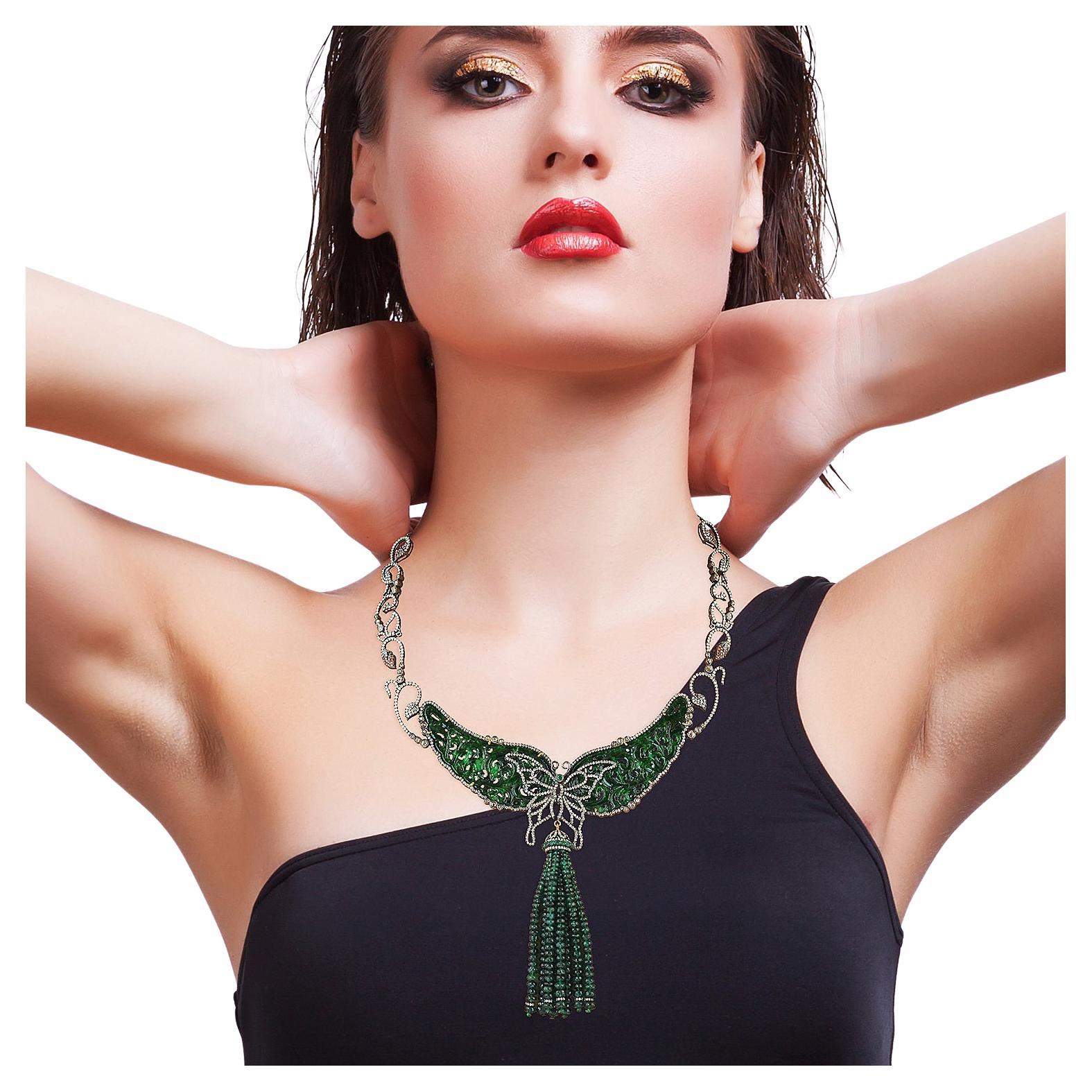 Round Cut Choker Silver Necklace With Carved Jade & Emerald Stones in Pave Set Diamonds For Sale