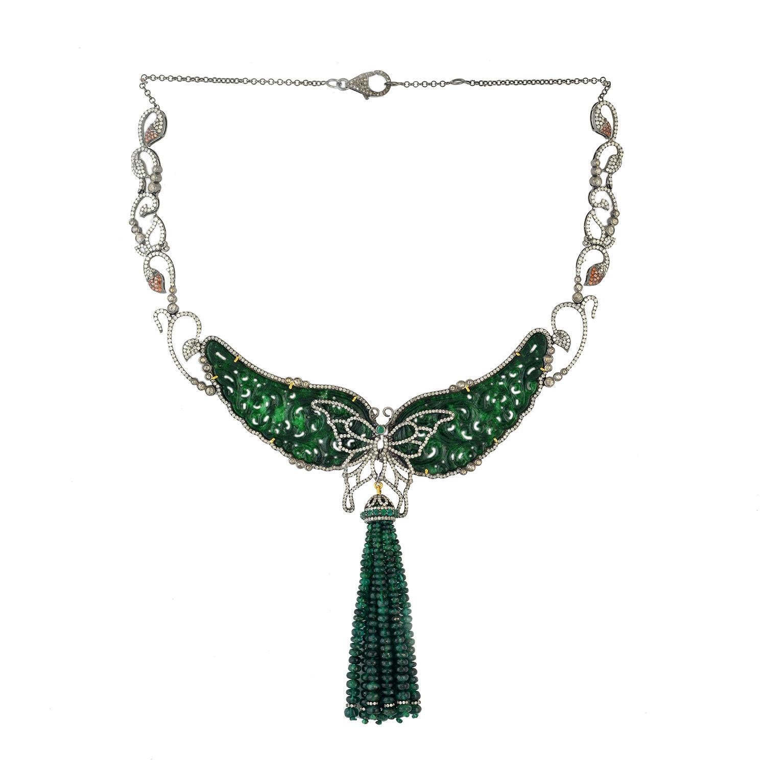 Choker Silver Necklace With Carved Jade & Emerald Stones in Pave Set Diamonds In New Condition For Sale In New York, NY