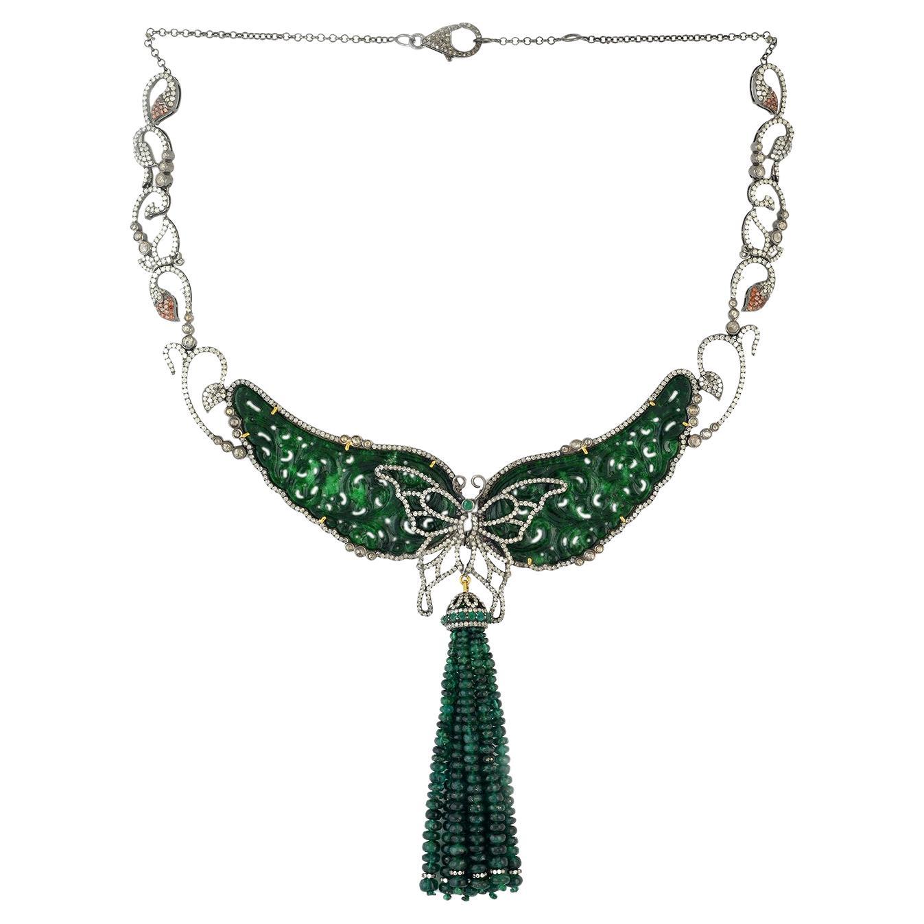 Choker Silver Necklace With Carved Jade & Emerald Stones in Pave Set Diamonds For Sale