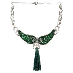 Choker Silver Necklace With Carved Jade & Emerald Stones in Pave Set Diamonds