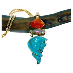 Carved Chrysocolla Pendant Boulder Opal Mexican Opal 22k 18k Fine Silver