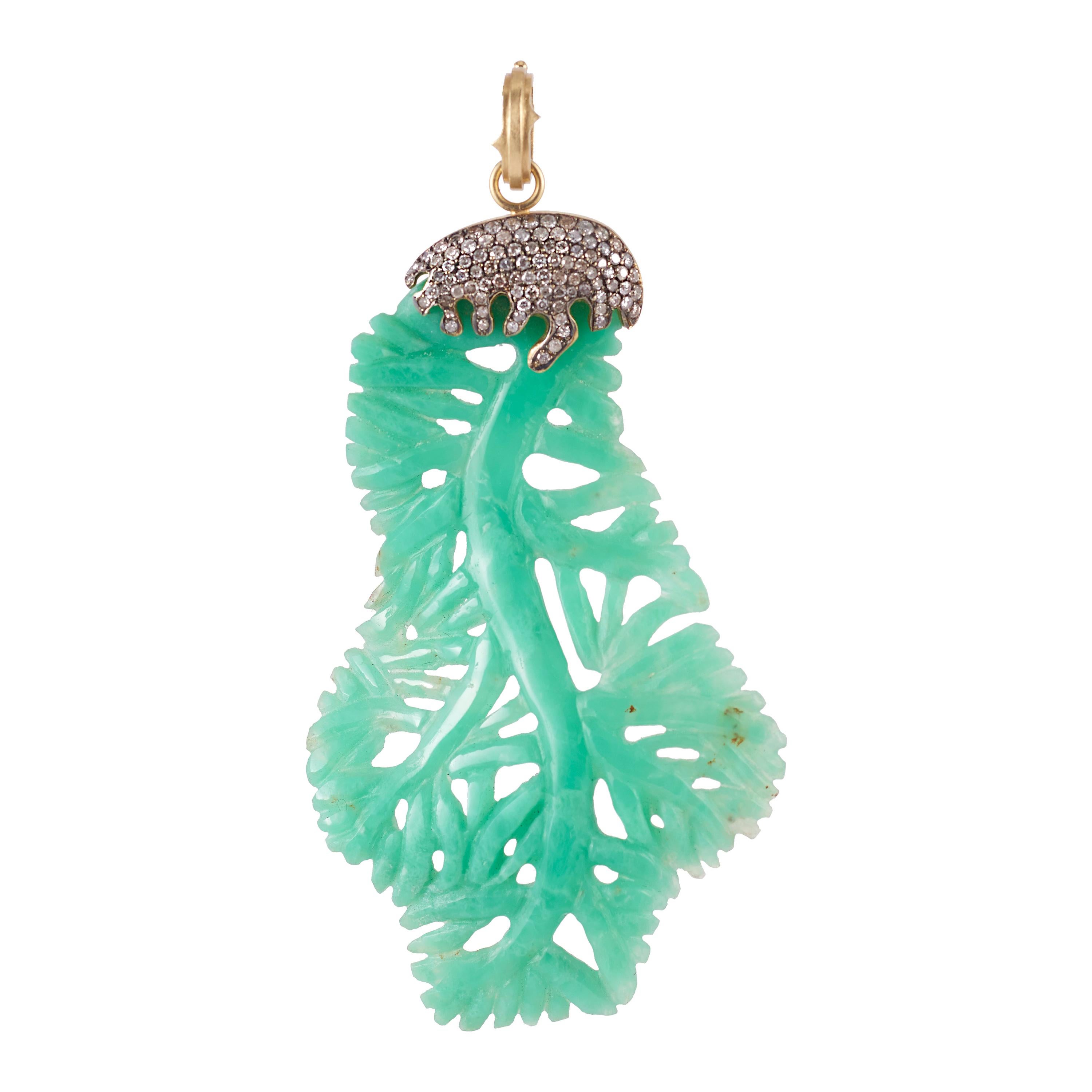 Sylva & Cie Hand-Carved Chrysophrase Pendant with Diamonds in 18k Gold For Sale