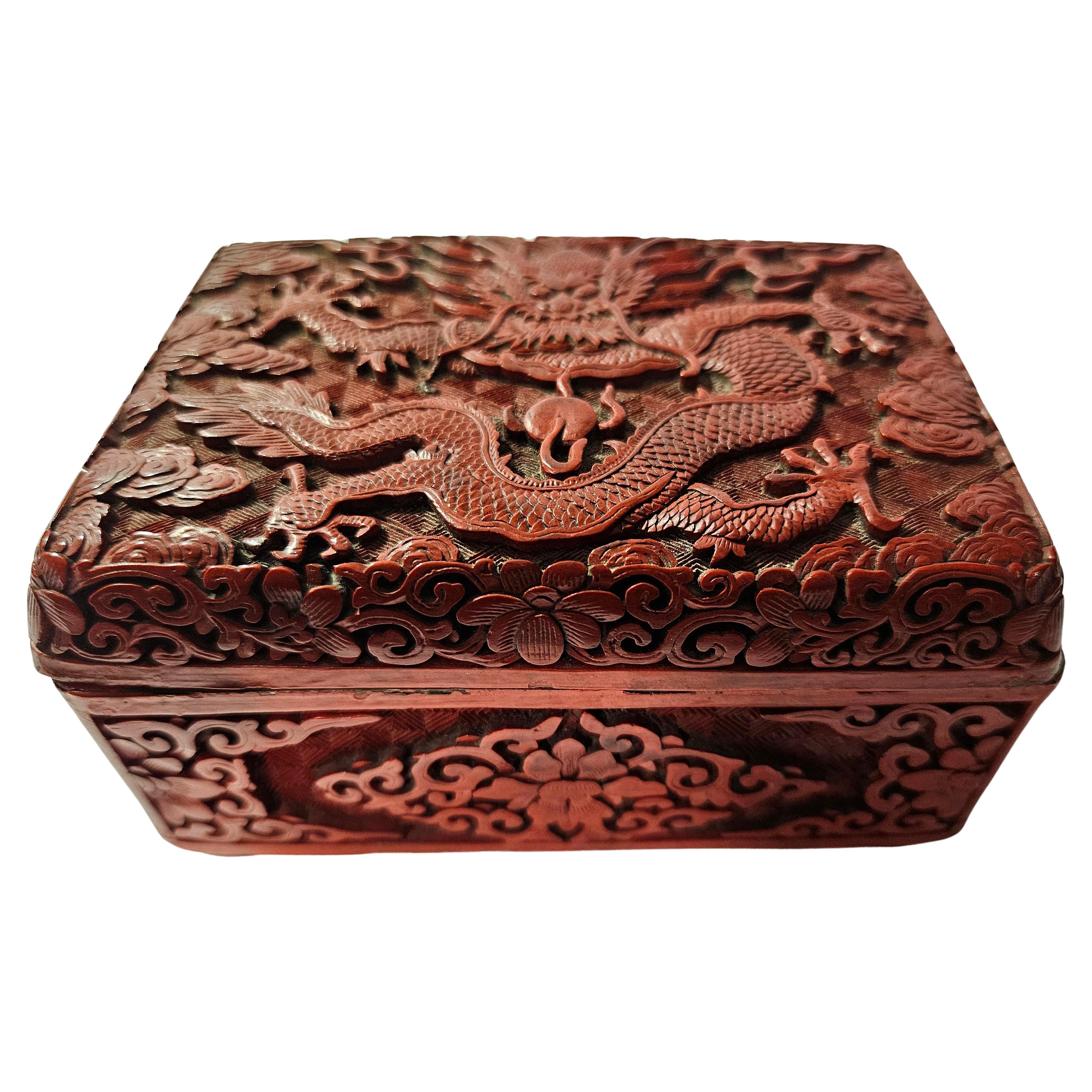 Carved Cinnabar Box. China. Early 20th Century. Dragon Cover For Sale