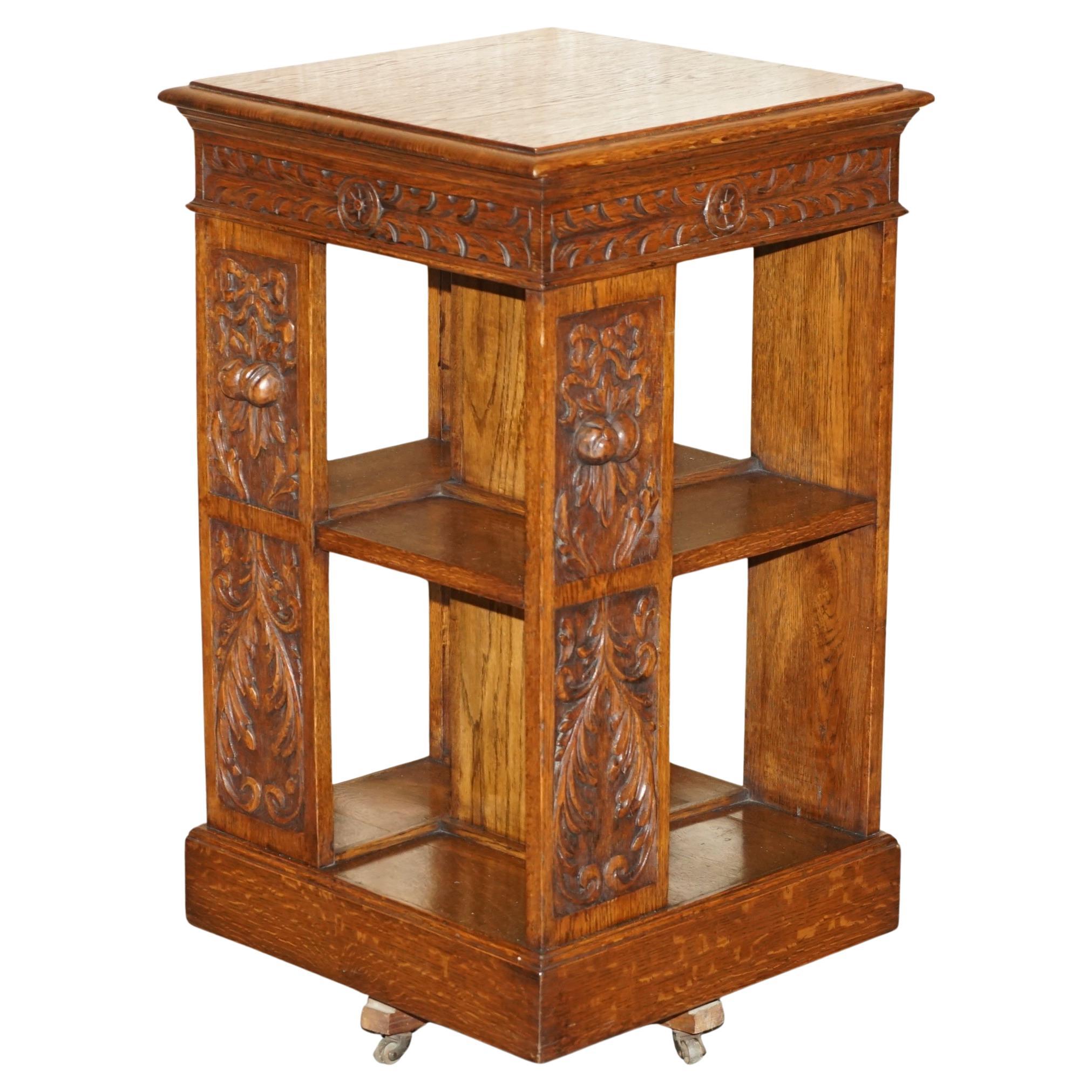 CARVED CiRCA 1880 ANTIQUE VICTORIAN ENGLISH OAK REVOLVING BOOKCASE BOOK TABLE