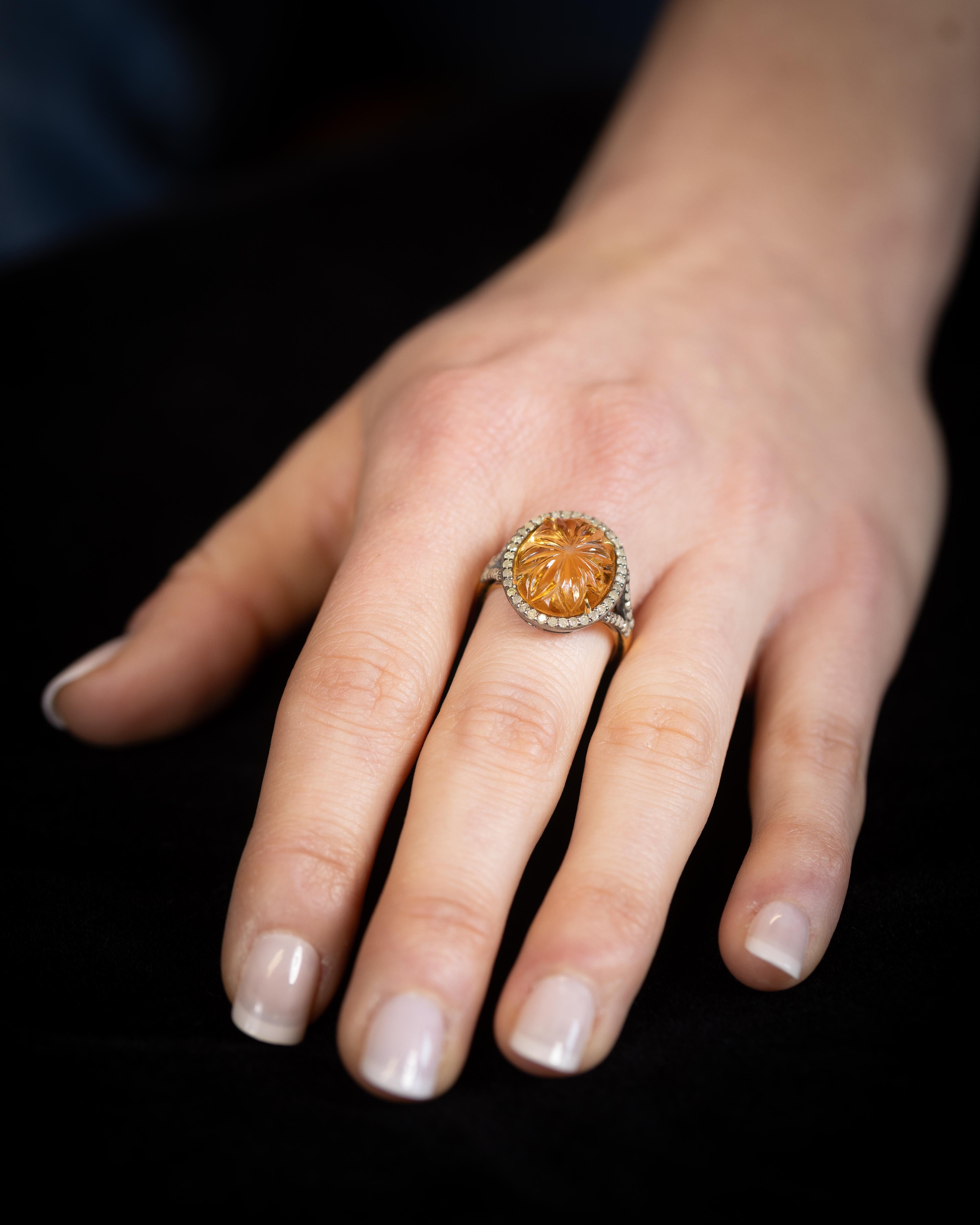 Oval Cut Carved Citrine and Diamond Dome Ring For Sale
