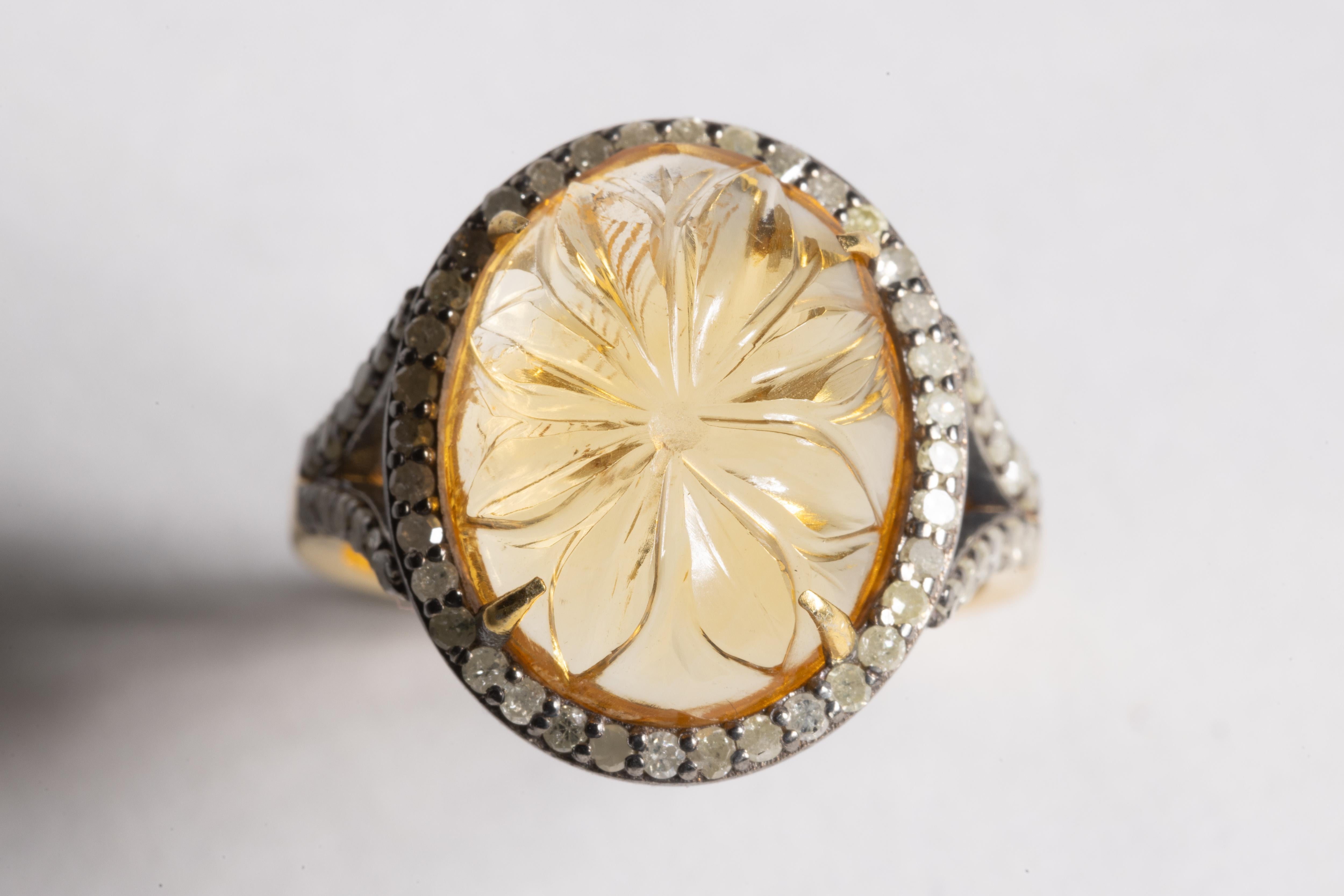Carved Citrine and Diamond Dome Ring In Excellent Condition For Sale In Nantucket, MA