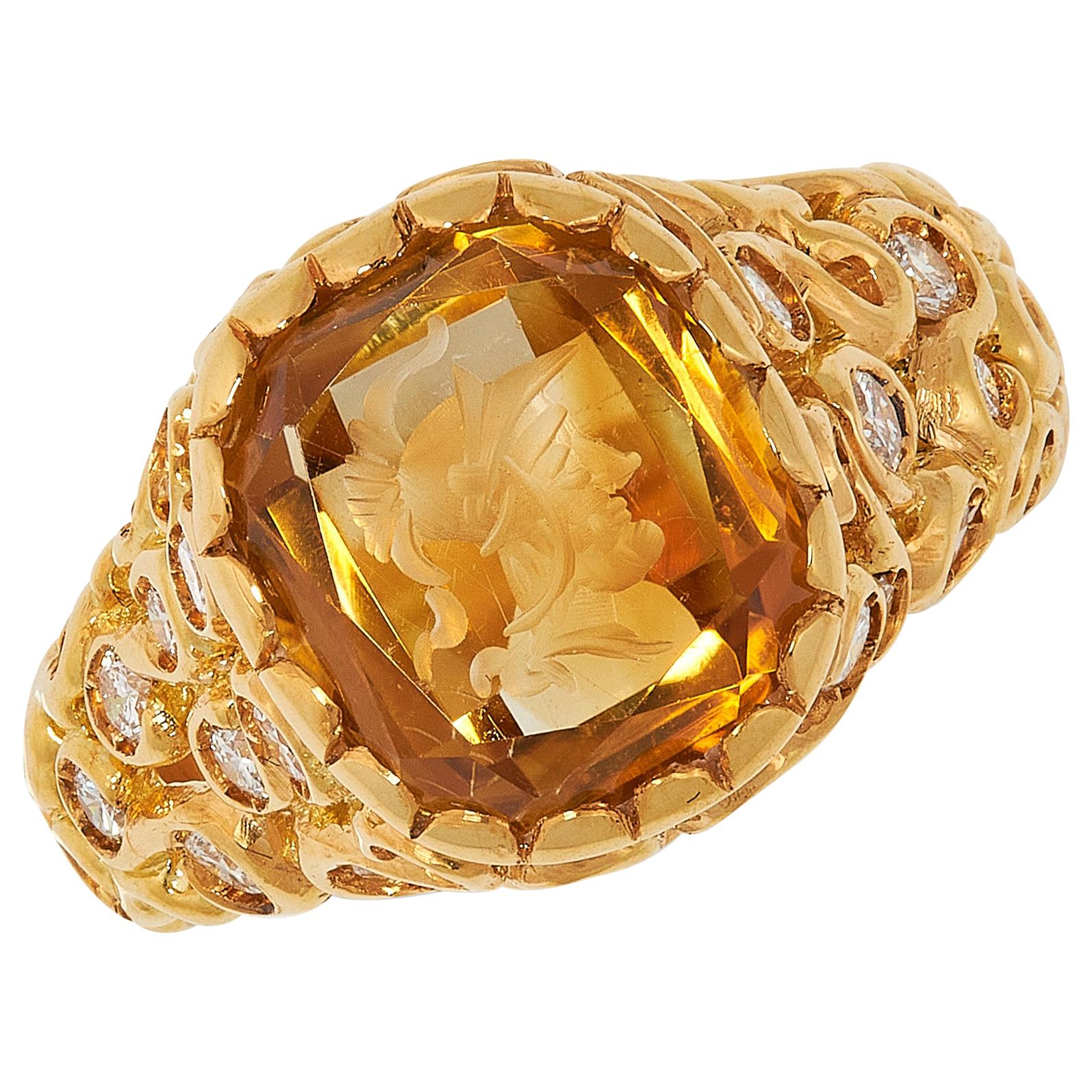 Carved Citrine and Diamond Intagio Ring For Sale
