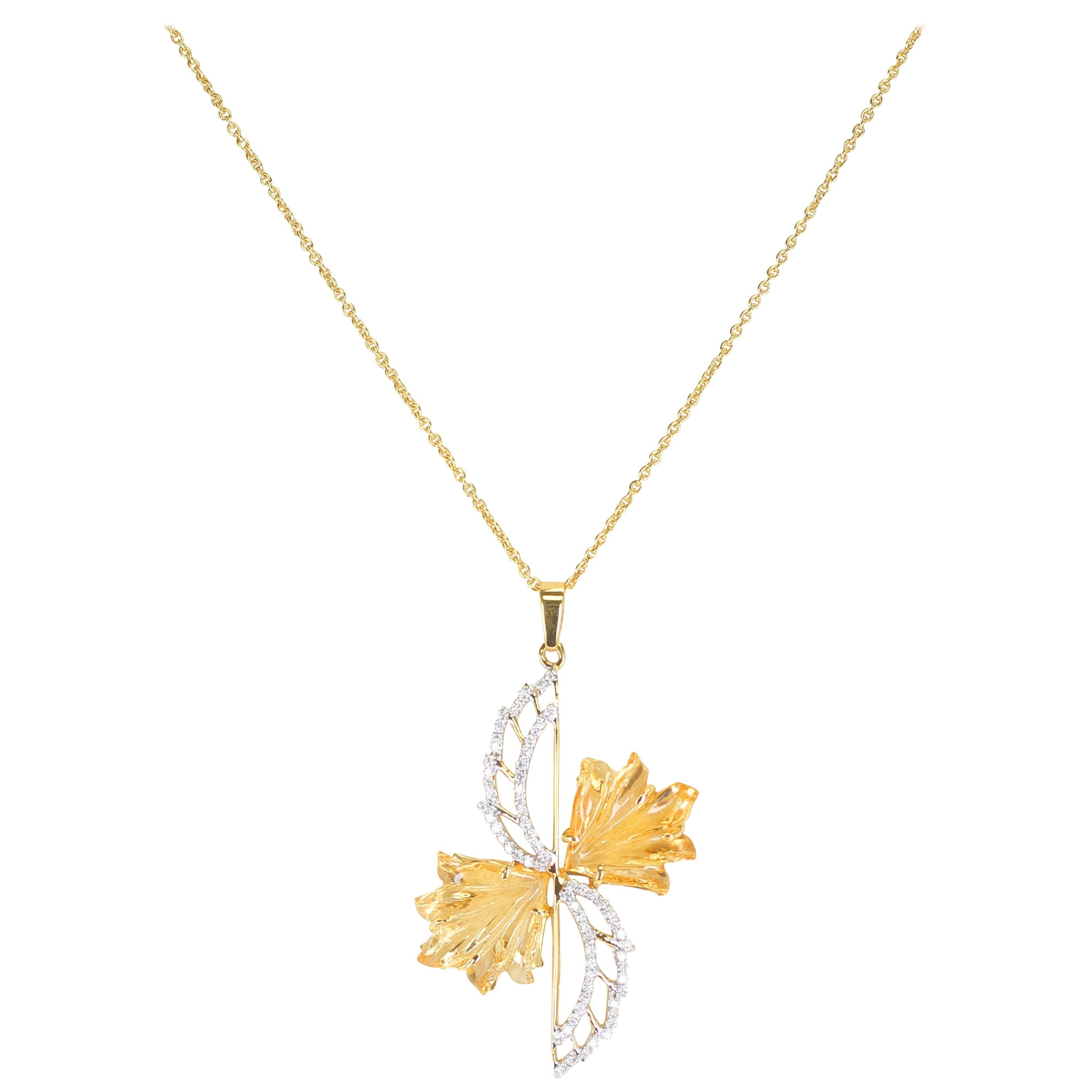 Carved Citrine and Diamond Pendant with Chain, 14 Karat Gold