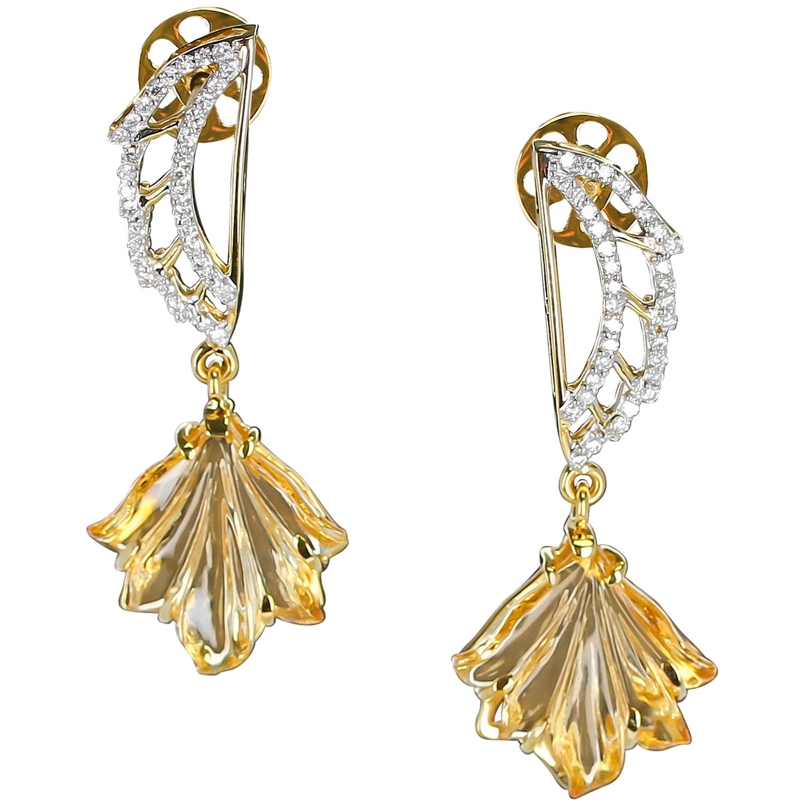 Carved Citrine and Diamond Wing Earrings, 14 Karat Gold