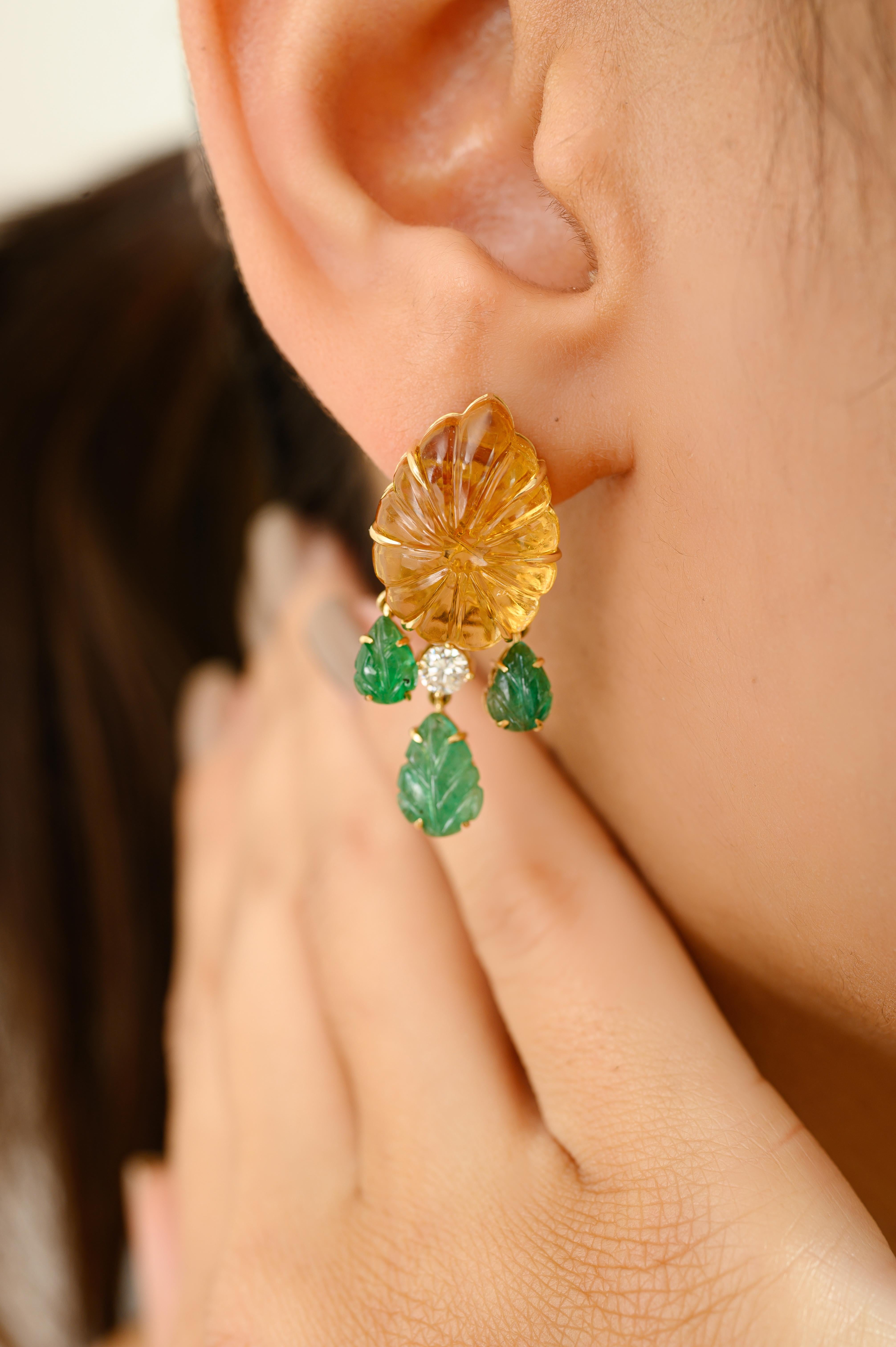 Carved Citrine and Emerald Drop Earrings Crafted in 18k yellow gold with Diamond im Angebot 2