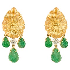 Carved Citrine and Emerald Drop Earrings Crafted in 18k yellow gold with Diamond