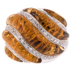 Carved Citrine Diamond 18 Karat Gold Dome Cocktail Ring