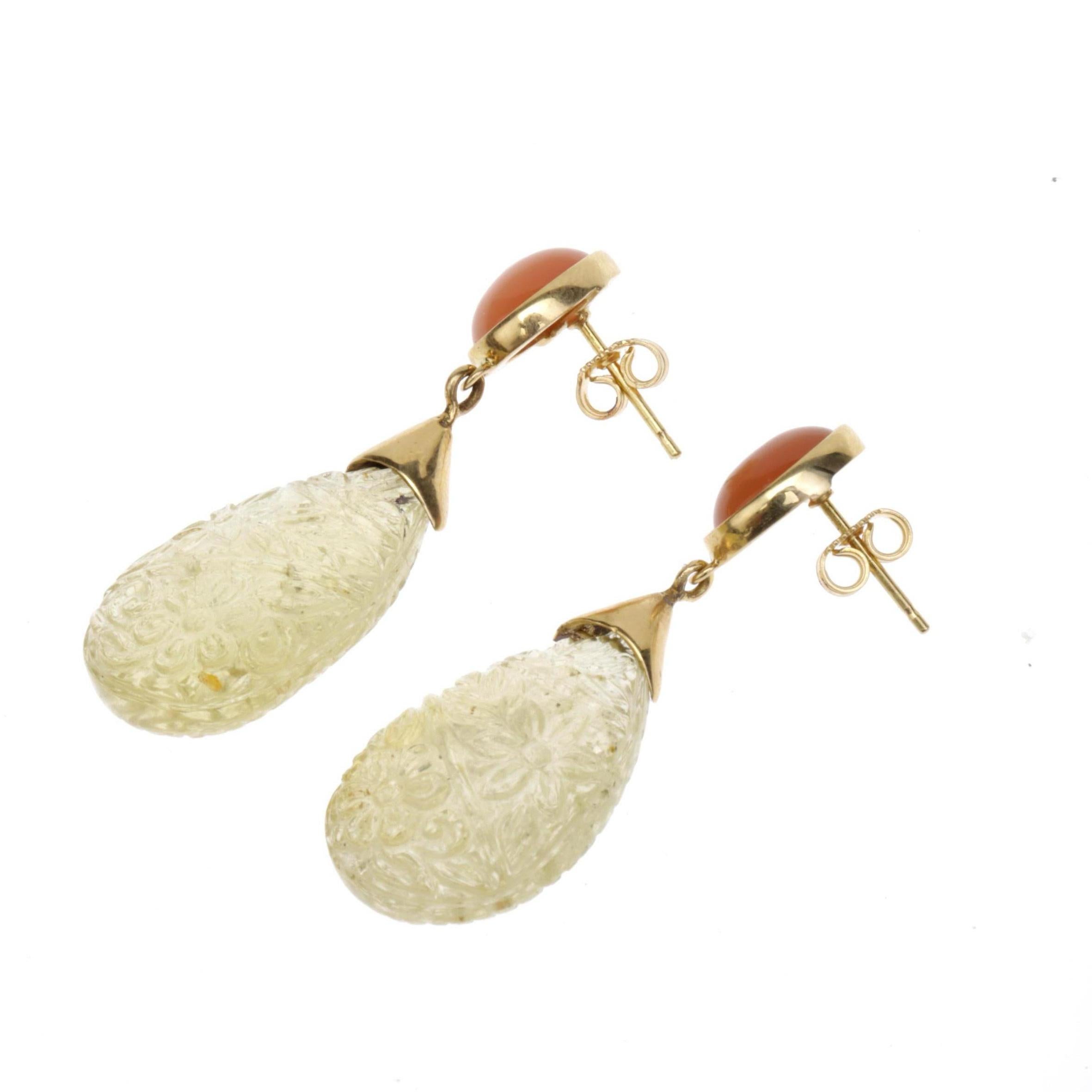 Artisan Carved Citrine Drop Opal 18 Karat Gold Earrings For Sale