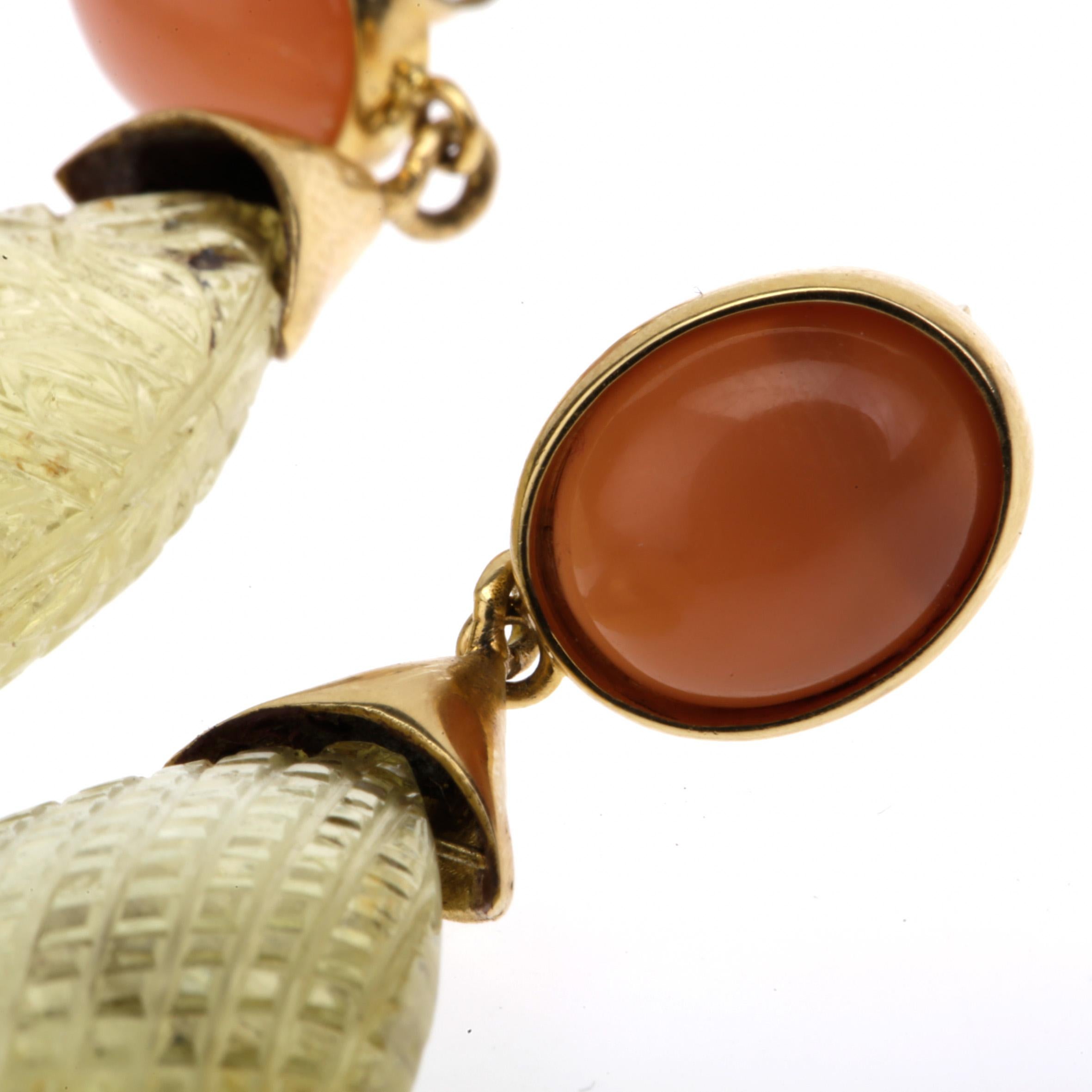 Women's or Men's Carved Citrine Drop Opal 18 Karat Gold Earrings For Sale