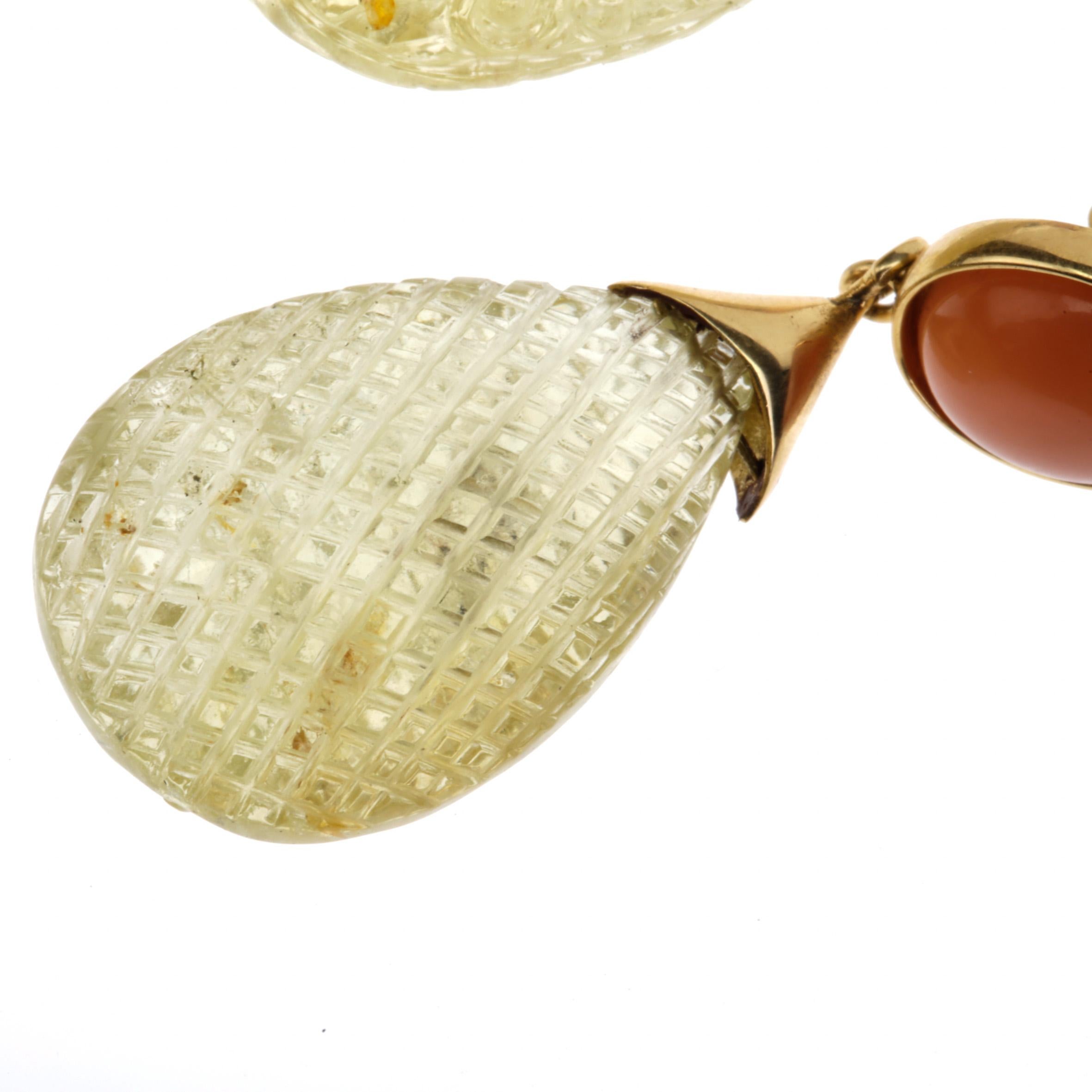 Carved Citrine Drop Opal 18 Karat Gold Earrings For Sale 2