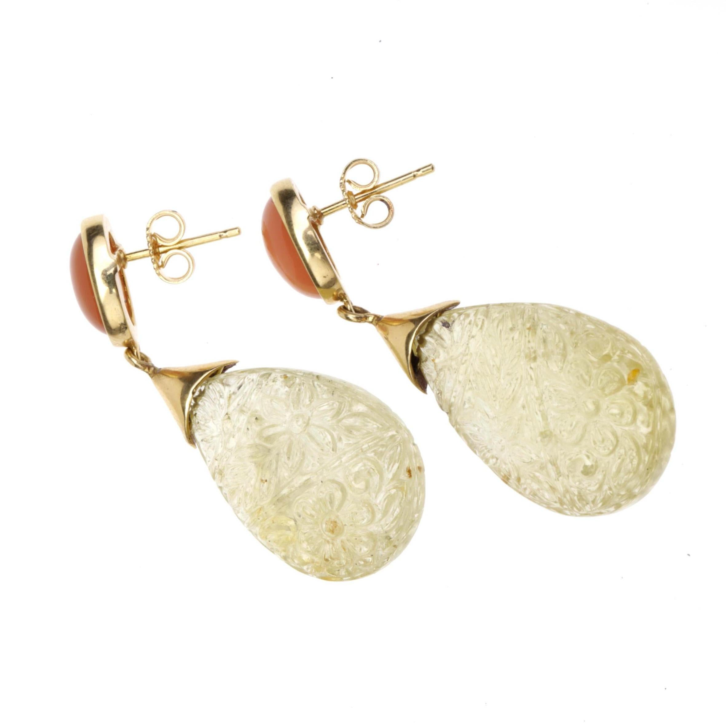 Carved Citrine Drop Opal 18 Karat Gold Earrings For Sale 3