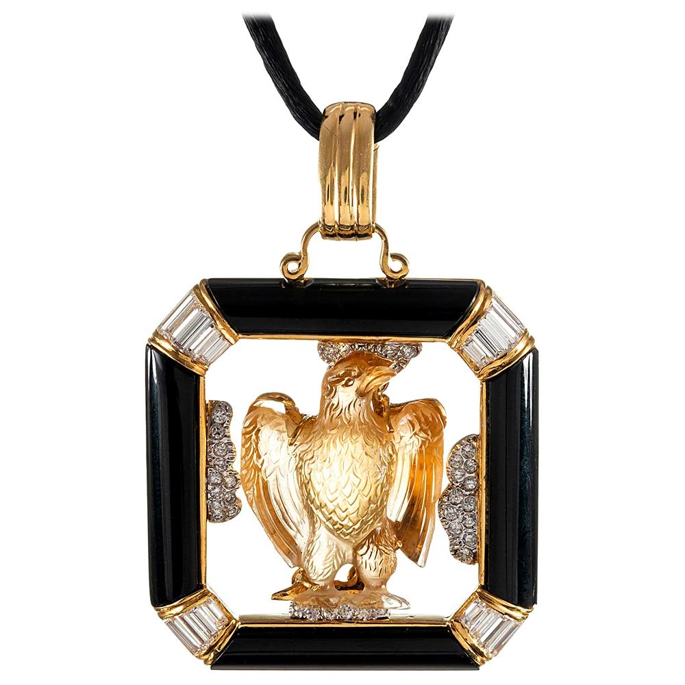 Carved Citrine Eagle Pendant with Diamonds and Onyx