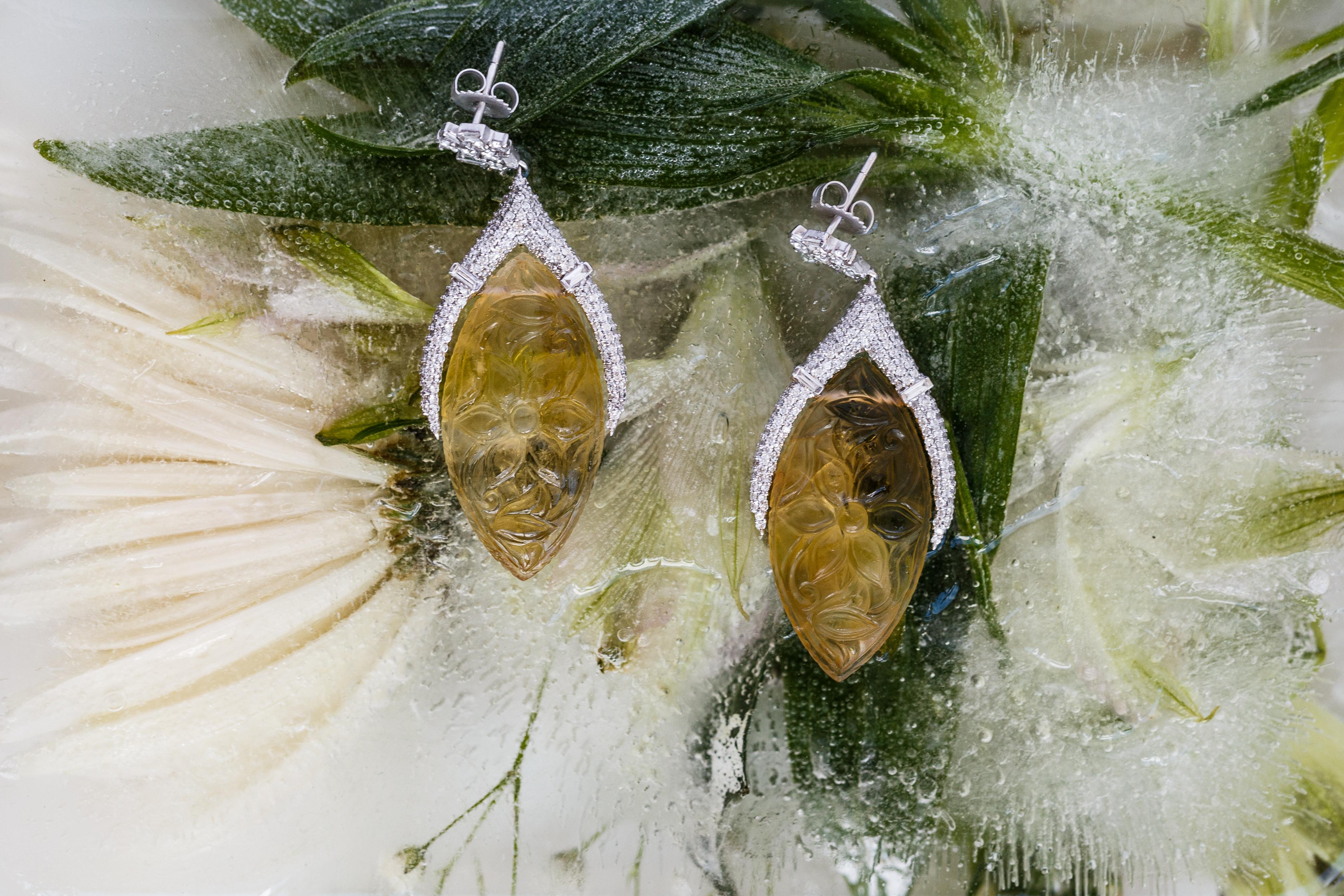 Brilliant Cut Carved Citrine Earrings For Sale