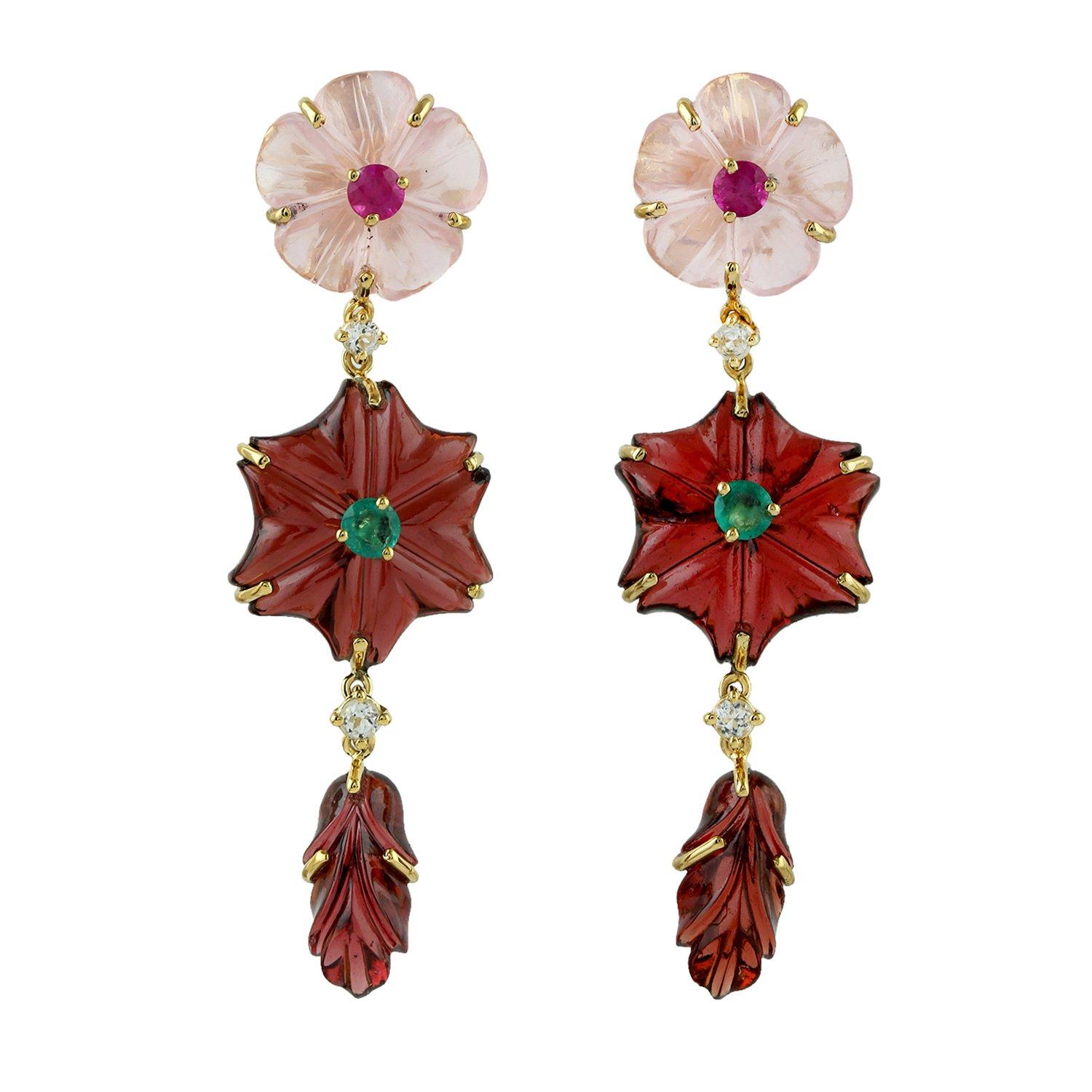 Carved Citrine Emerald 18 Karat Gold Flower Stud Earrings For Sale 2