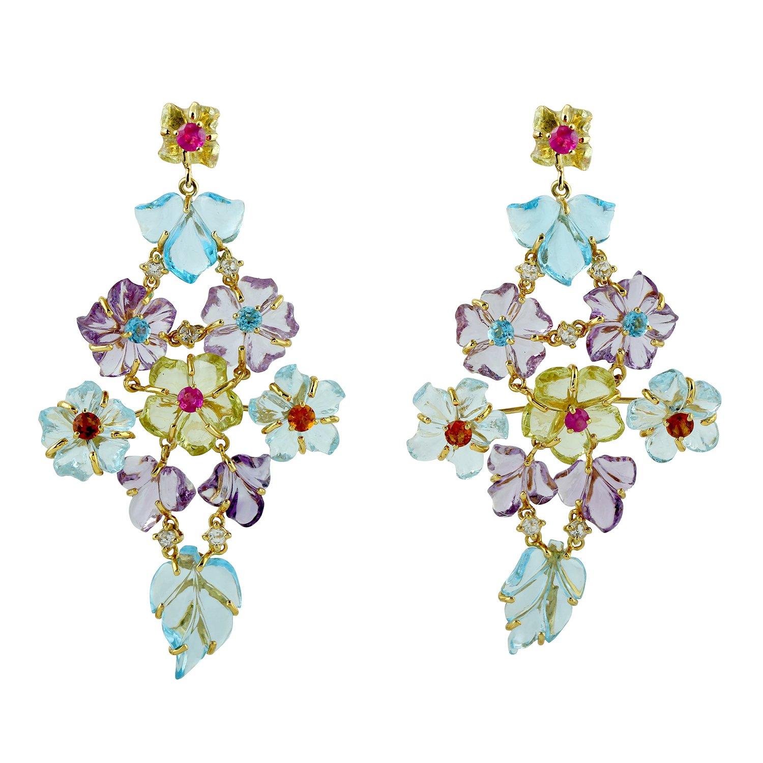 Carved Citrine Emerald 18 Karat Gold Flower Stud Earrings For Sale 4