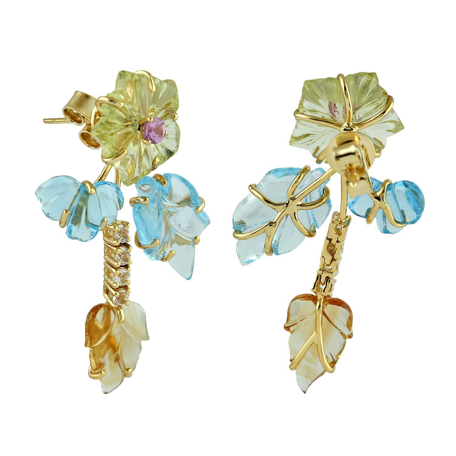 Carved Citrine Emerald 18 Karat Gold Flower Stud Earrings For Sale 6
