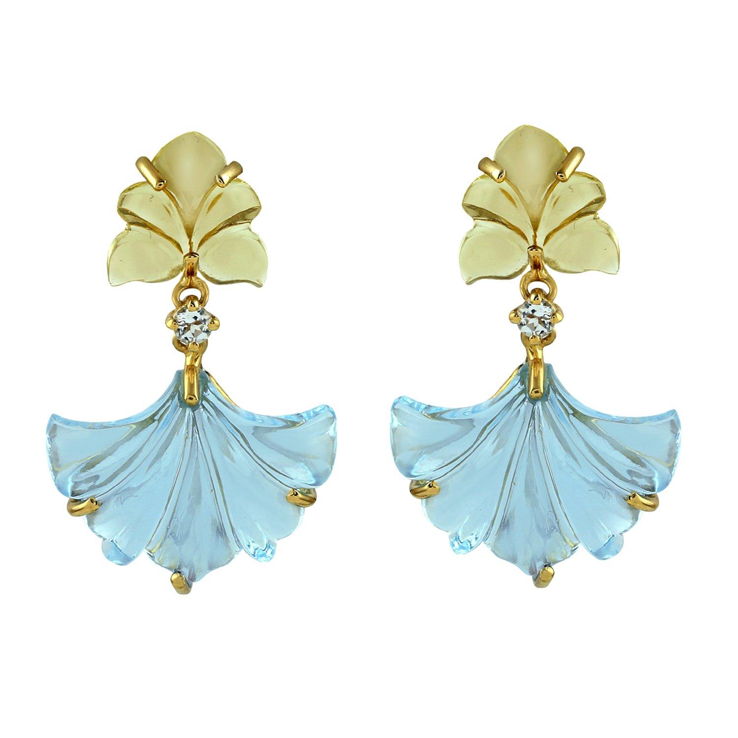 Carved Citrine Emerald 18 Karat Gold Flower Stud Earrings For Sale 8