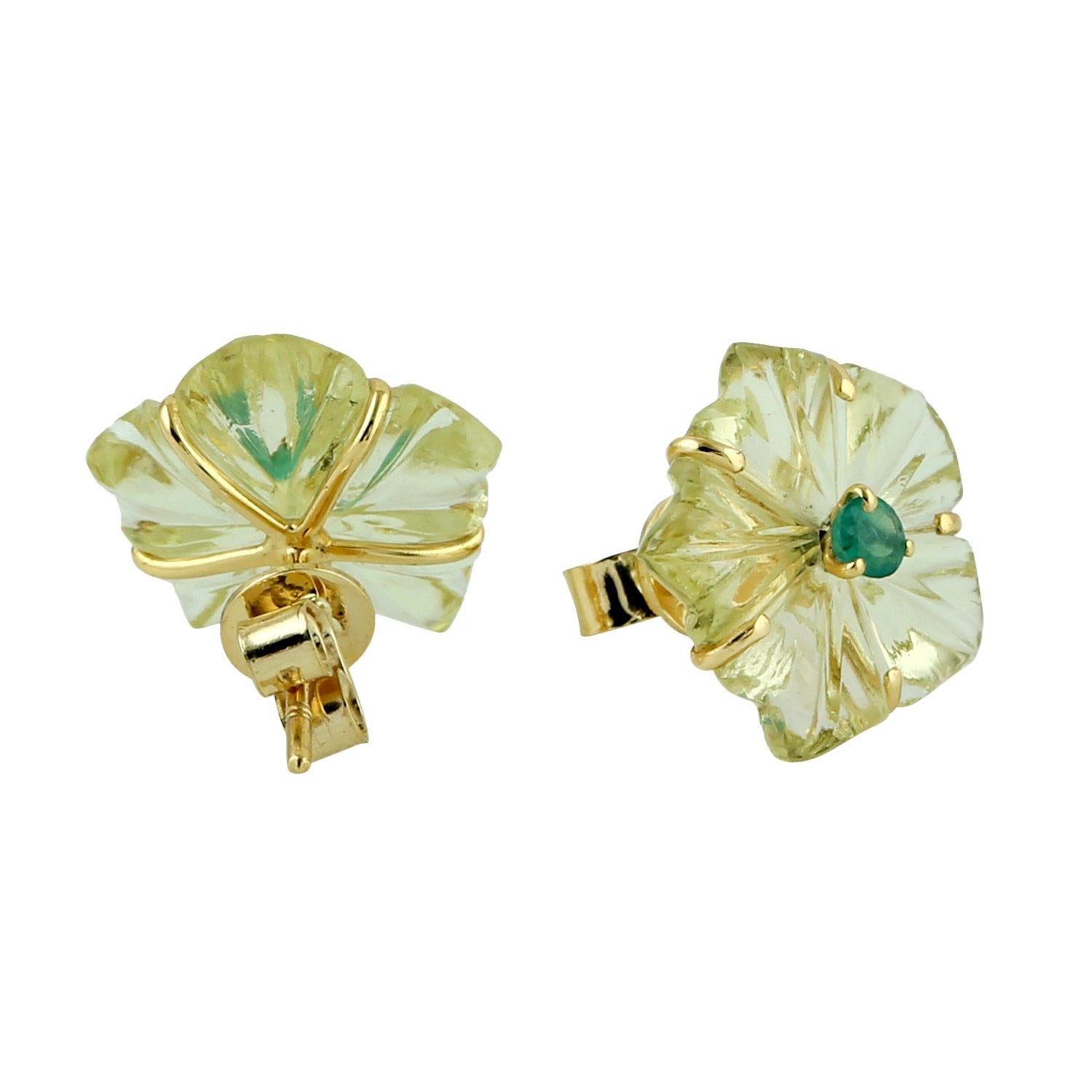 Cast in 18-karat gold. These beautiful stud earrings are set with 10.12 carats hand carved citrine and .19 carats emerald.  See other flower collection matching pieces.

FOLLOW  MEGHNA JEWELS storefront to view the latest collection & exclusive