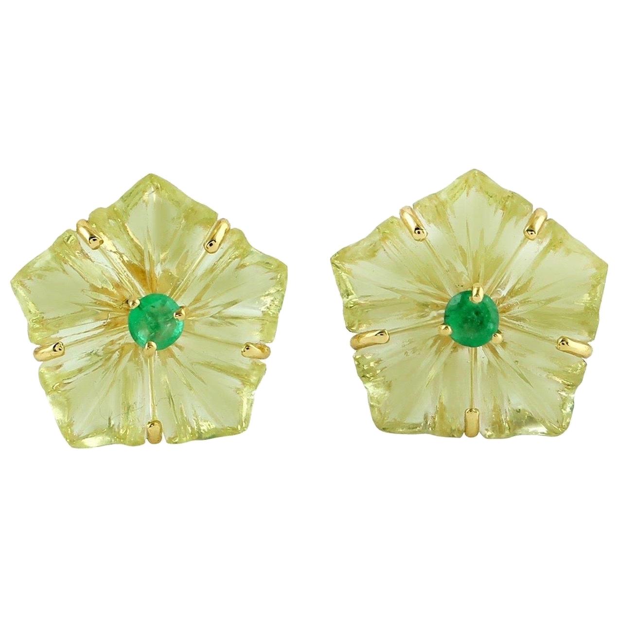 Carved Citrine Emerald 18 Karat Gold Flower Stud Earrings