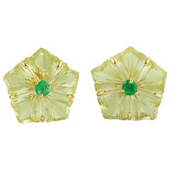 Carved Citrine Emerald 18 Karat Gold Flower Stud Earrings