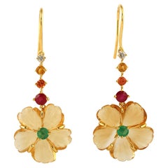 Carved Citrine Flower Dangle Earrings Accented With Multi Gemstones In 18k Gold