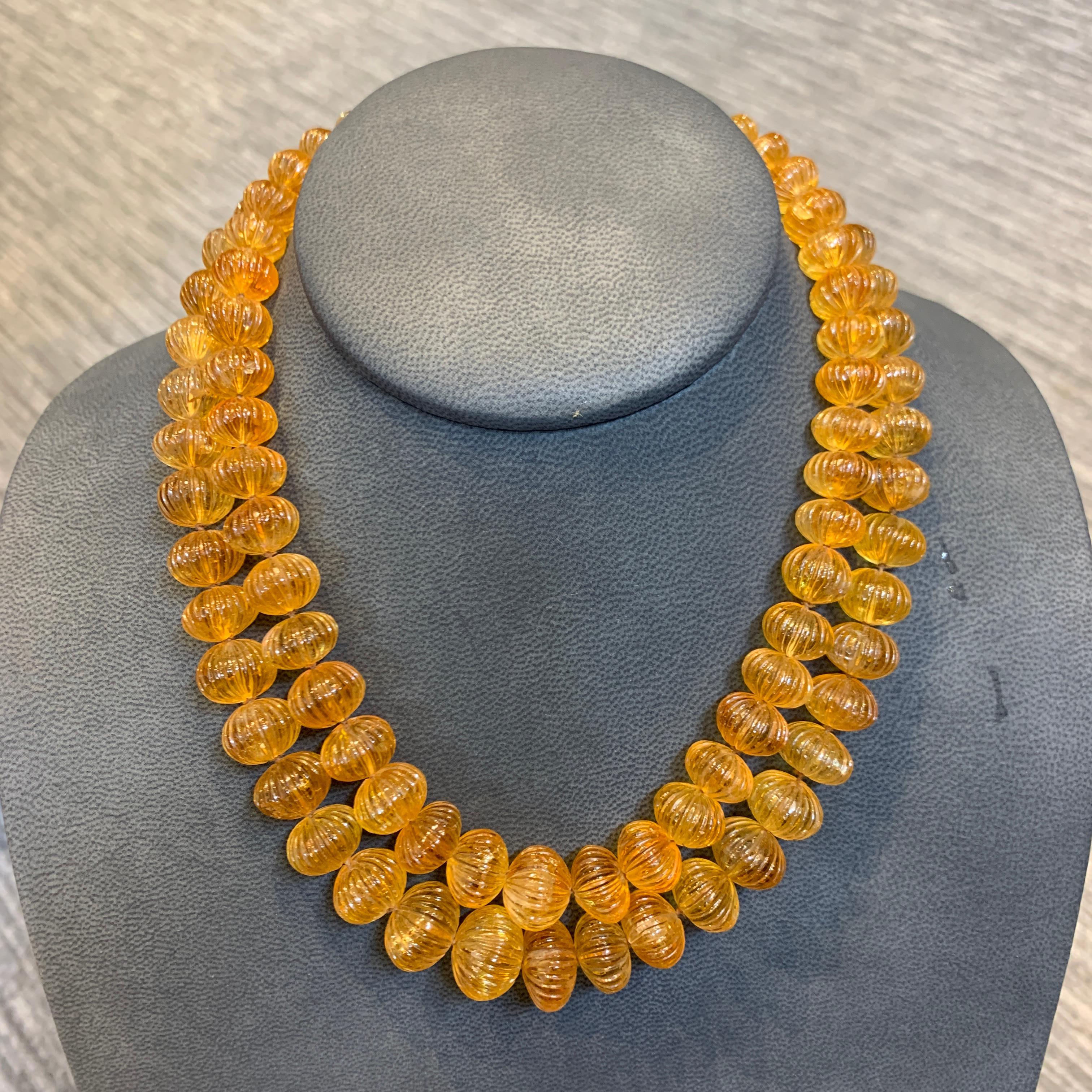  Carved Citrine fabulous Two Row Beaded Graduated Necklace 
Length: 17”
 14K Yellow Gold & Oval Cut Citrine Clasp
