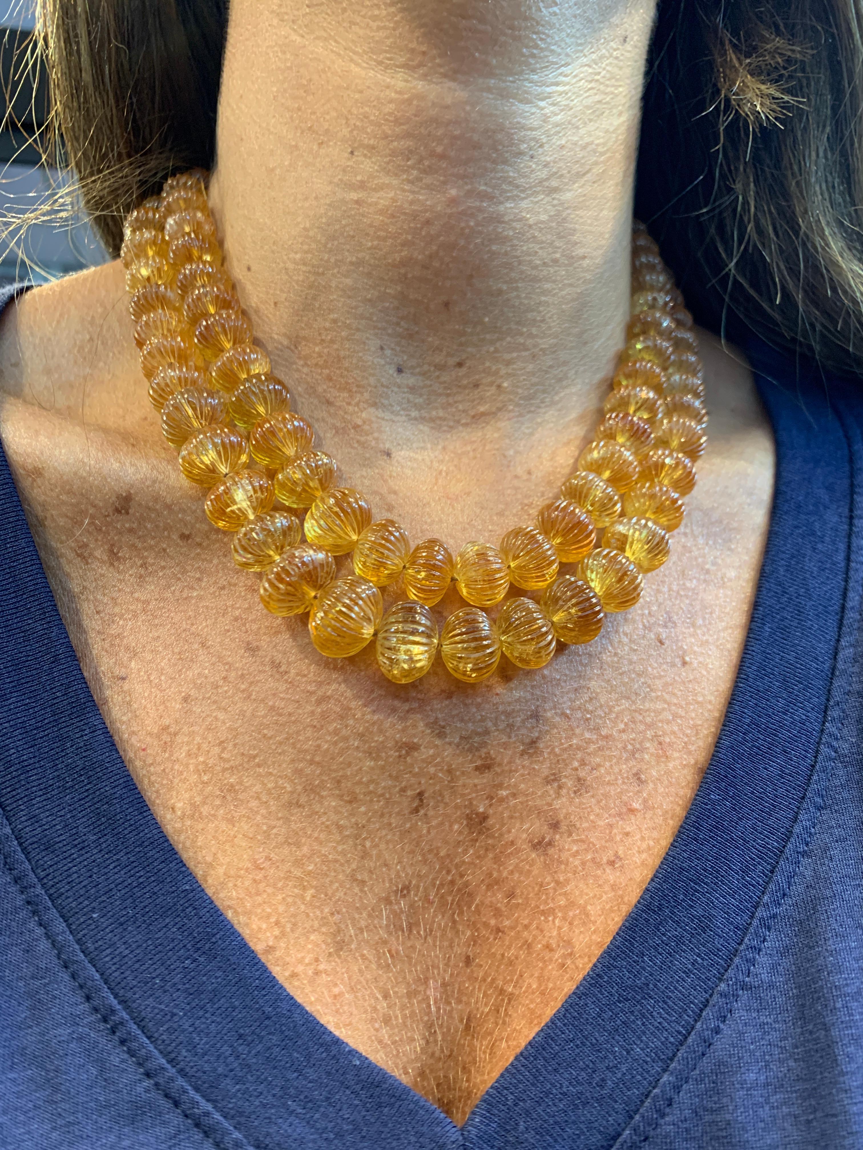Carved Citrine Two-Row Beaded Necklace In Excellent Condition In New York, NY